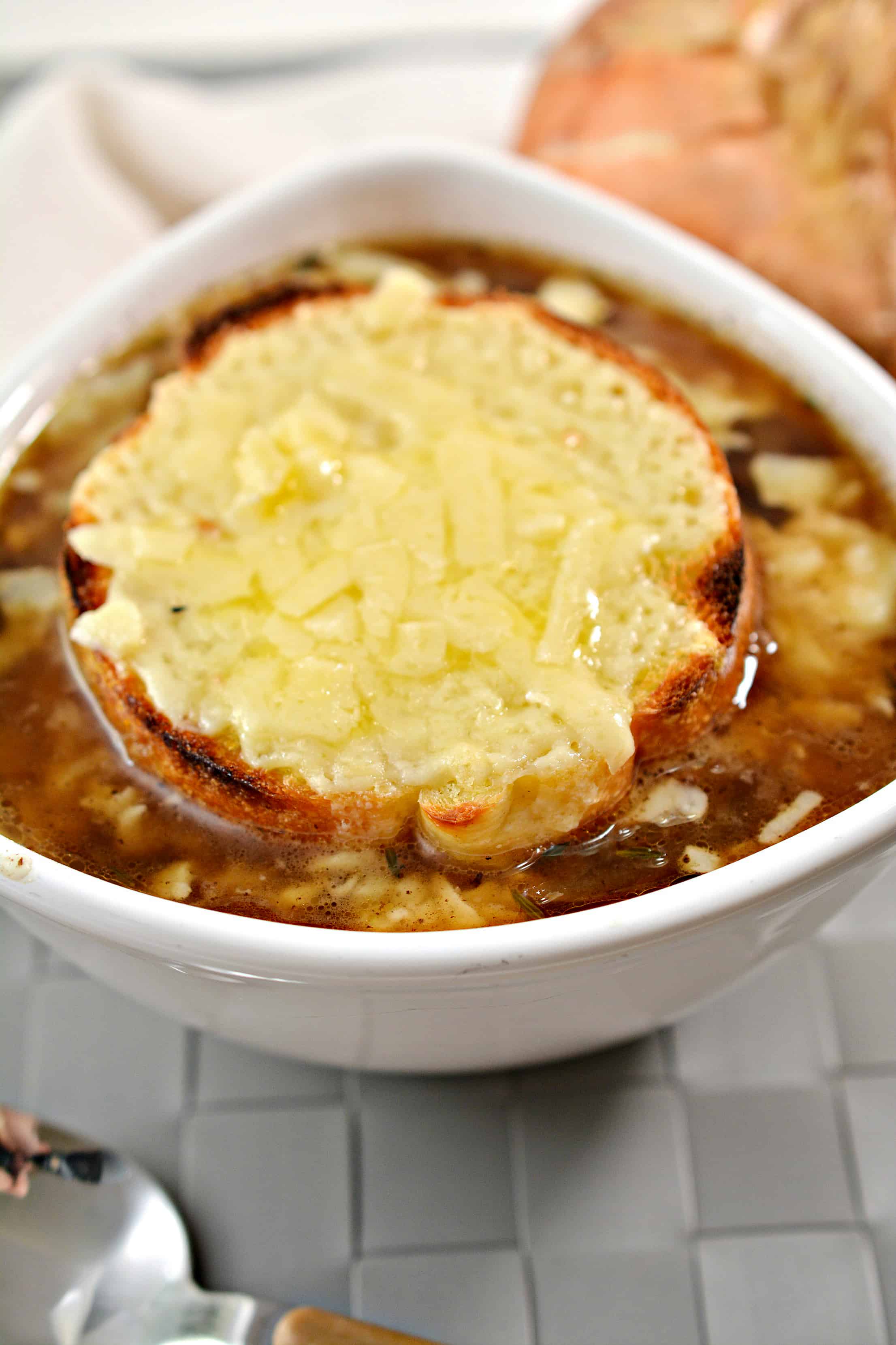 Instant Pot french onion soup in a bowl