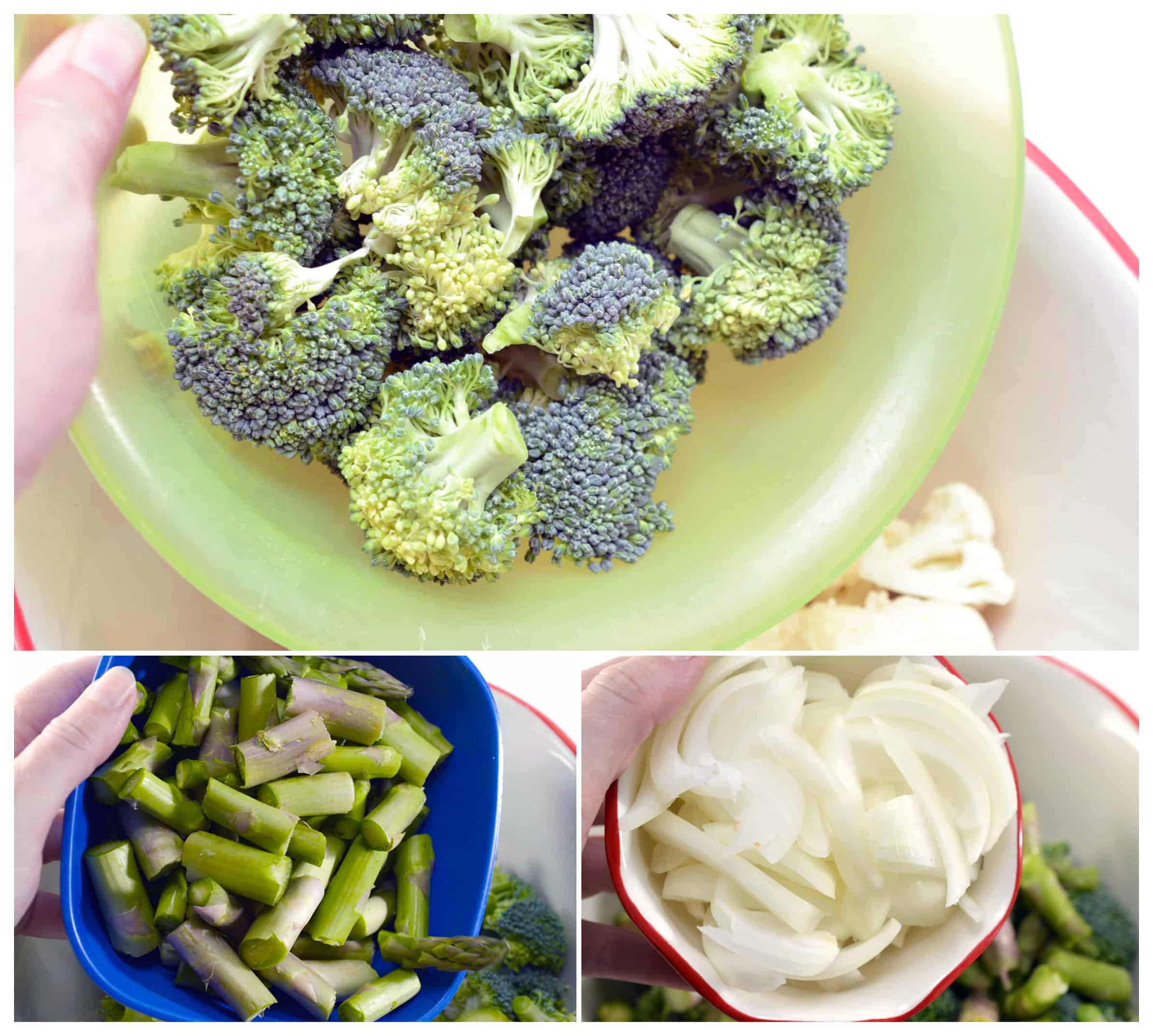 add broccoli put asparagus to the bowl onions to the bowl