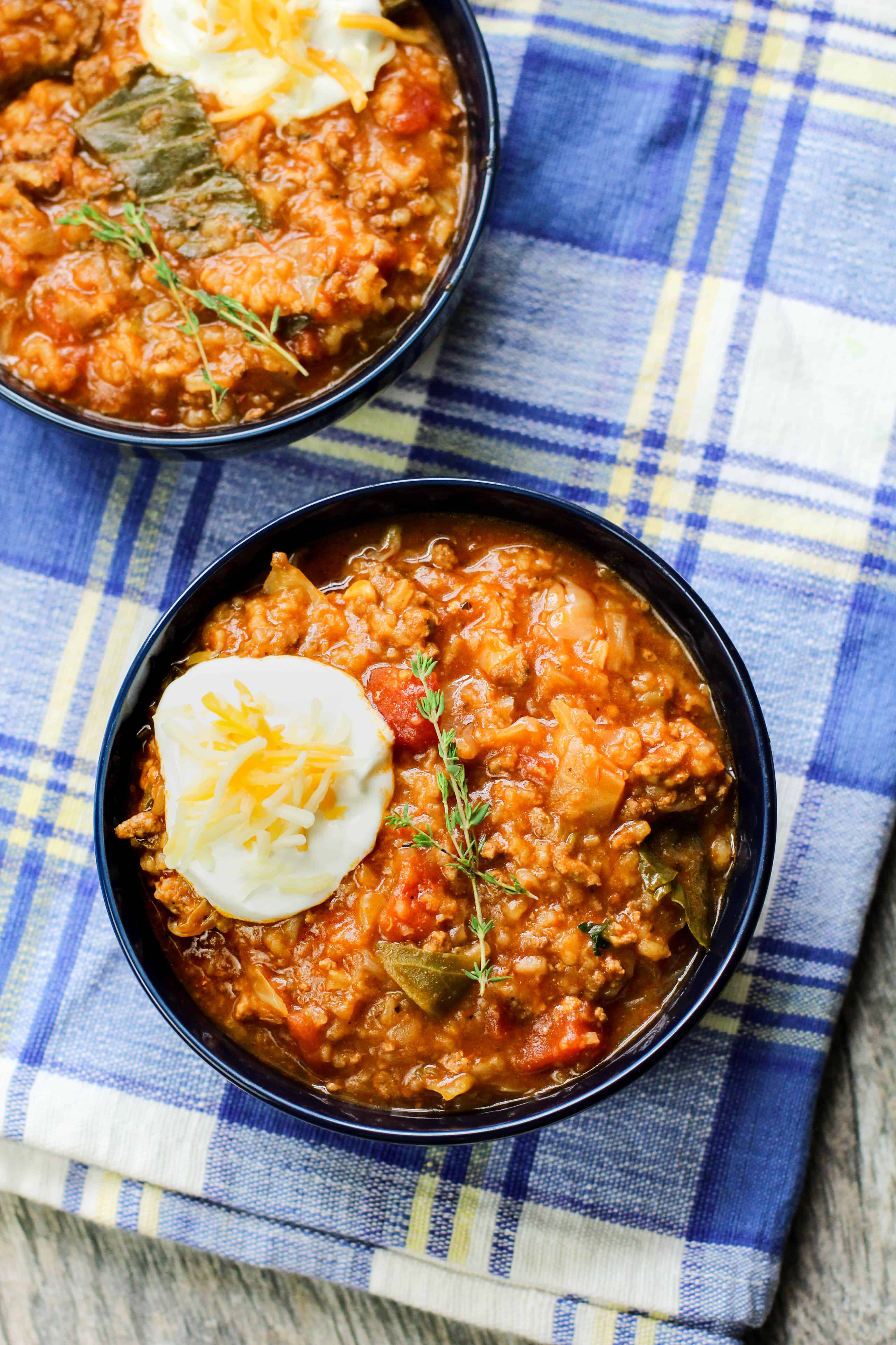 instant pot cabbage soup on a spoon