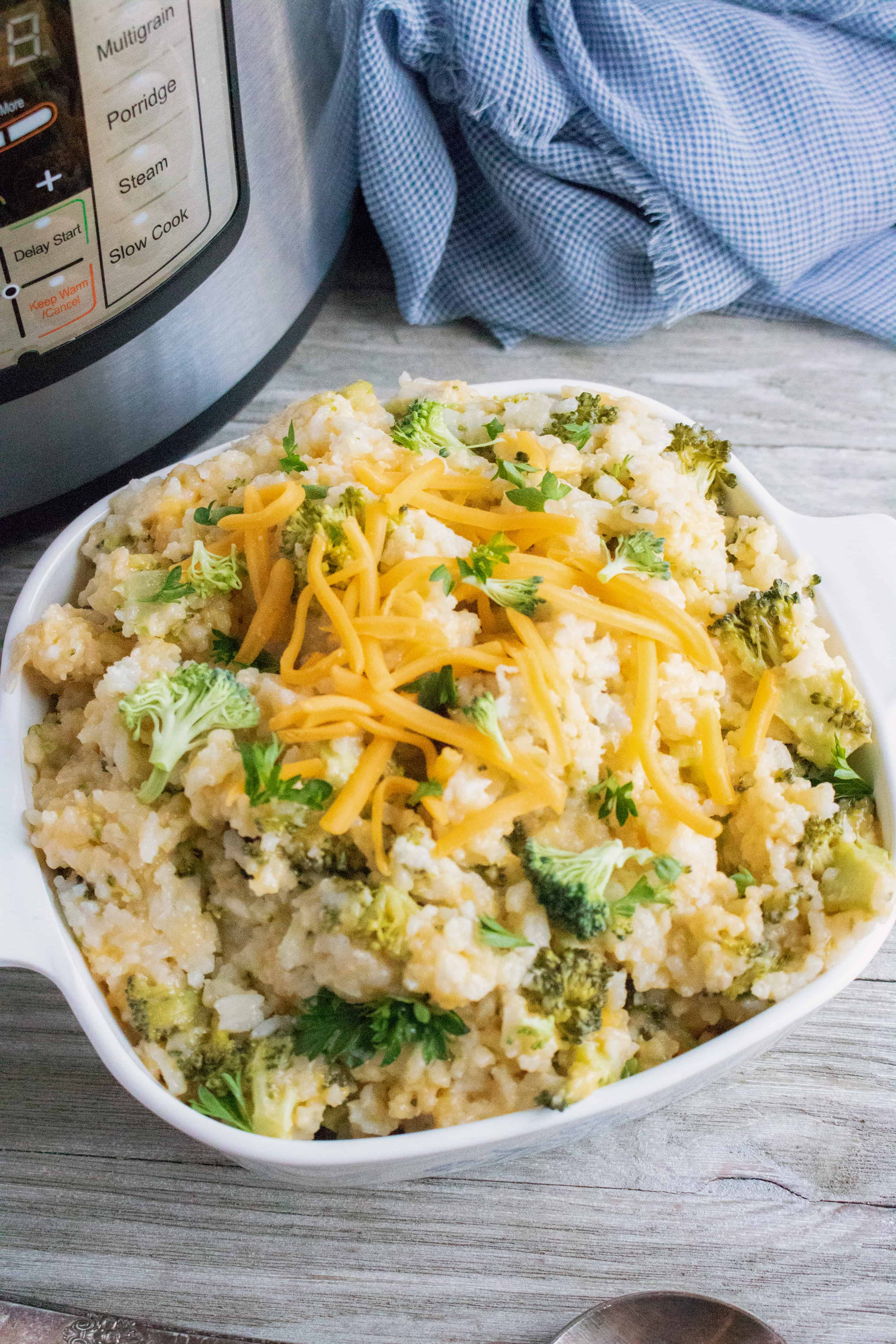dish of Instant Pot Broccoli and Rice Casserole