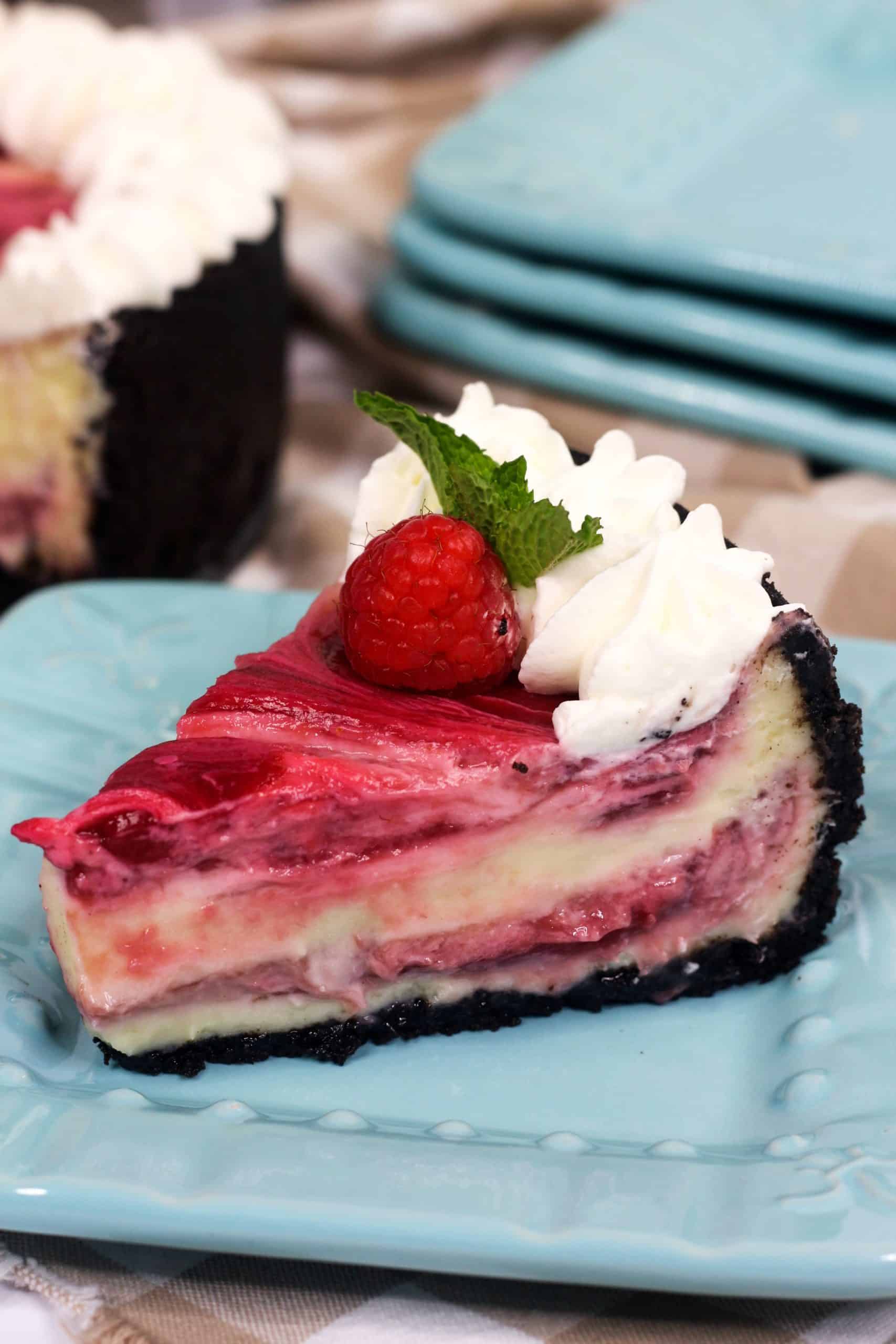 slice of white chocolate raspberry cheesecake