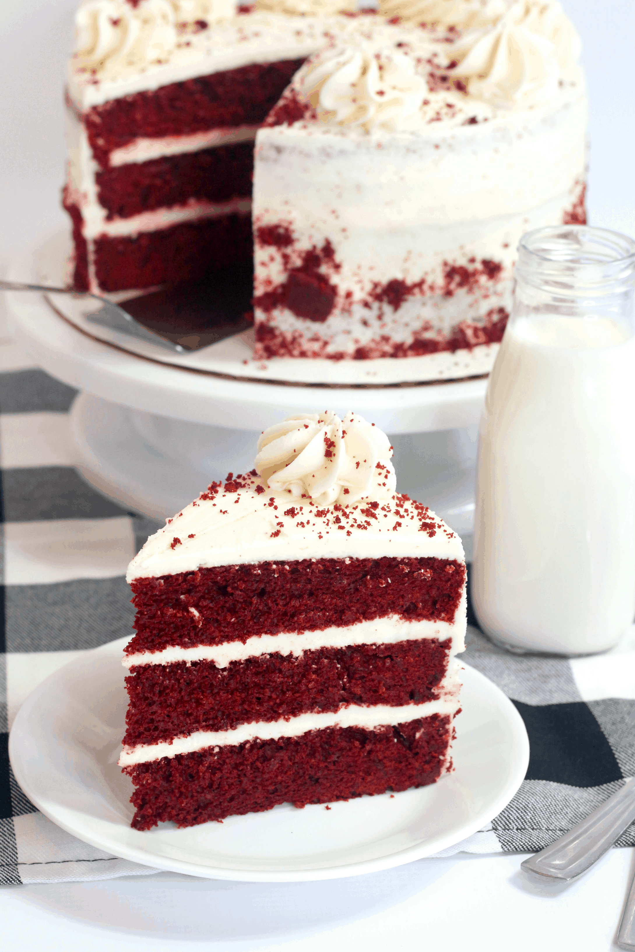 slice ov red velvet cake on a white plate