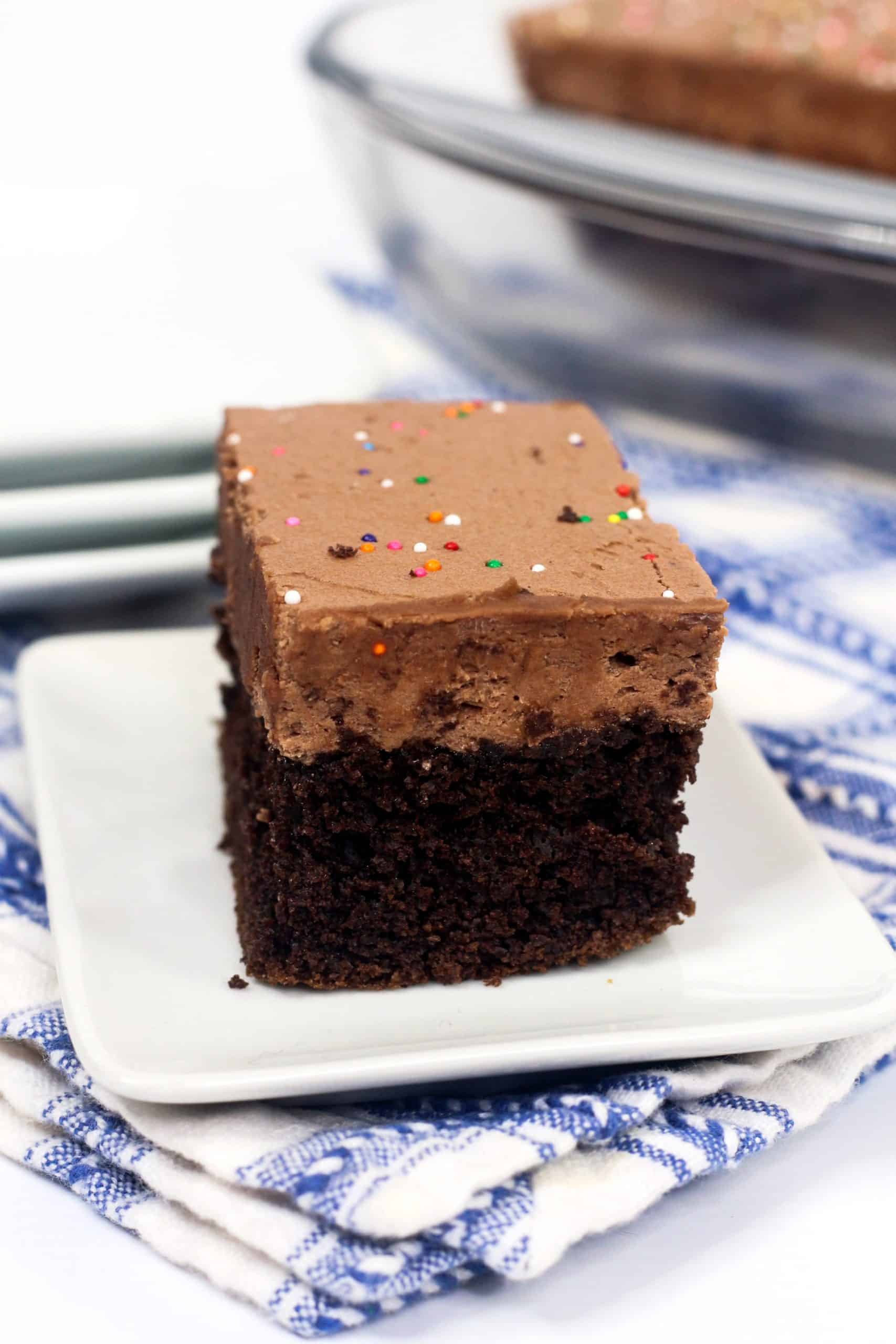 Eggless Chocolate Cake on a white plate