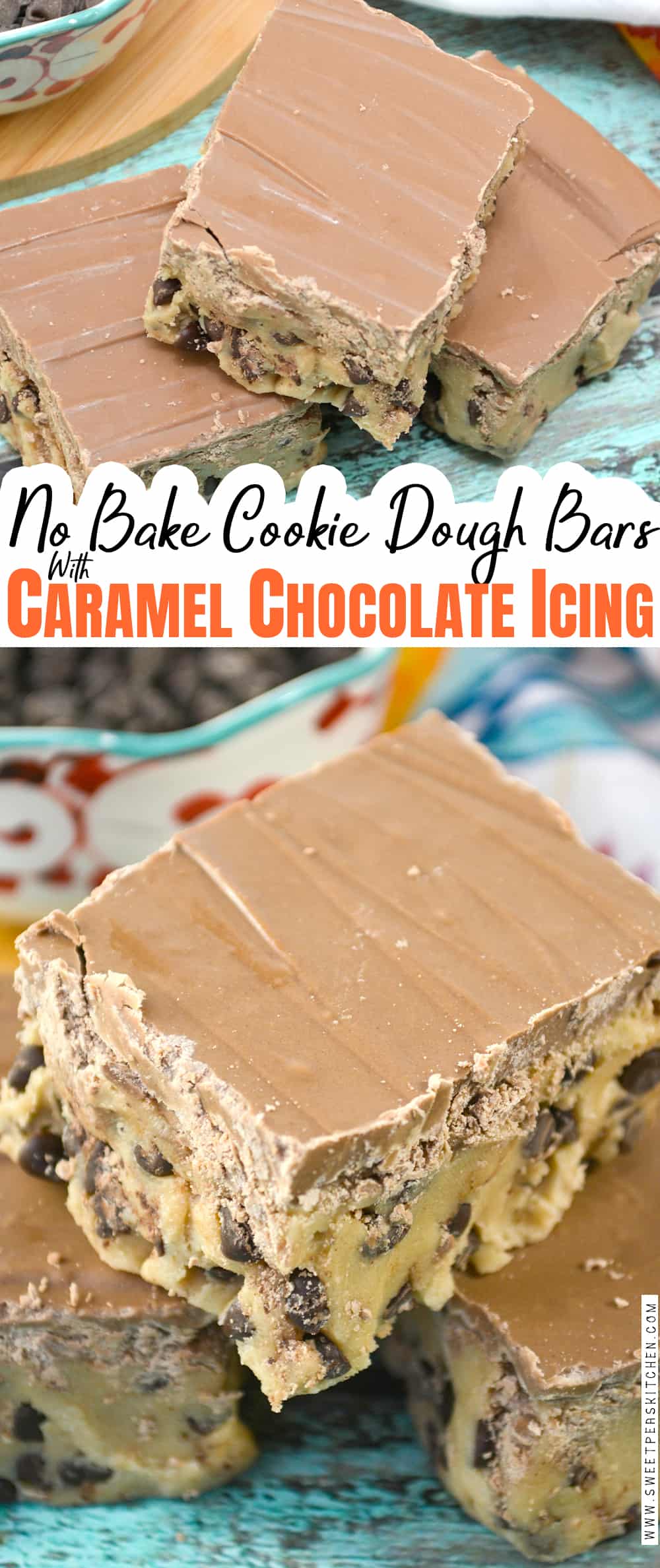 No Bake Cookie Dough Bars with Caramel Chocolate Icing