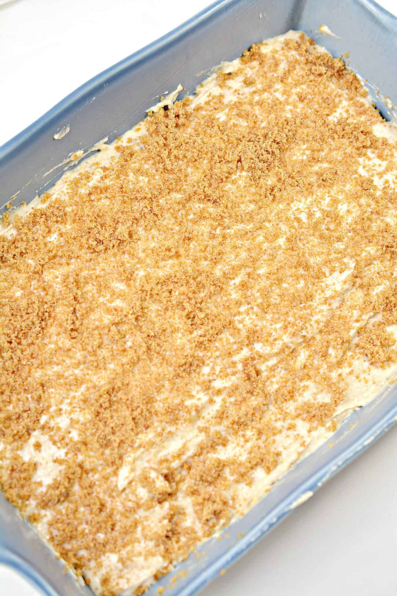 Layer the last half of the cake batter on top of the apple filling, and top with the remaining brown sugar mixture.