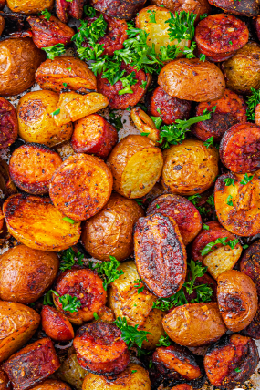 baked sausage and potatoes, oven roasted sausage and potatoes, sausage and potato bake
