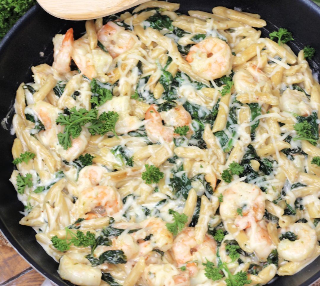 Cheese Shrimp Penne Pasta & Spinach - Sweet Pea's Kitchen