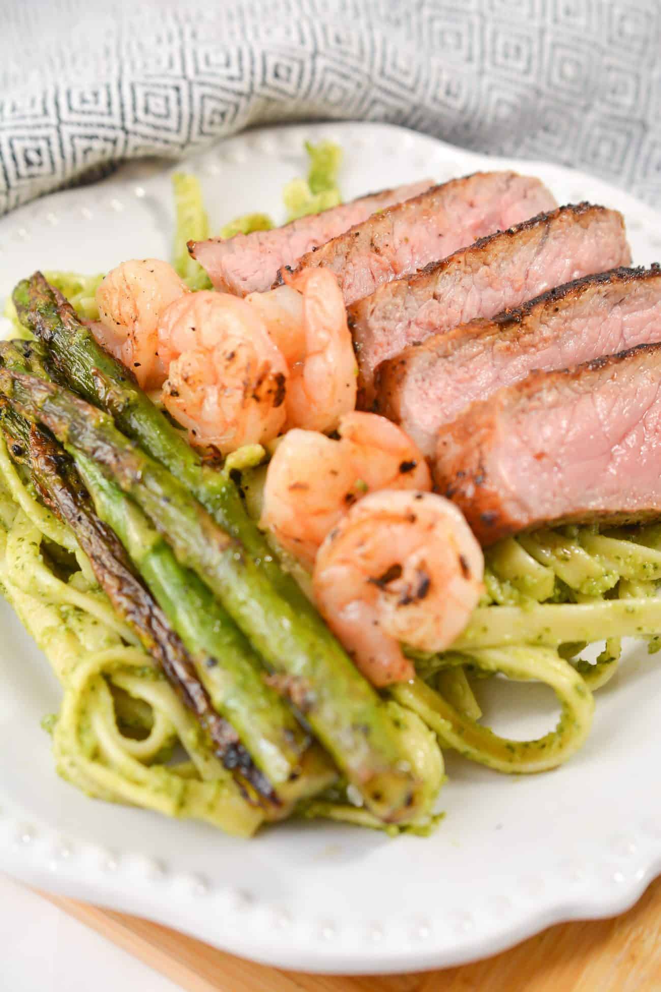Steak and Shrimp Pesto Sauce Linguini