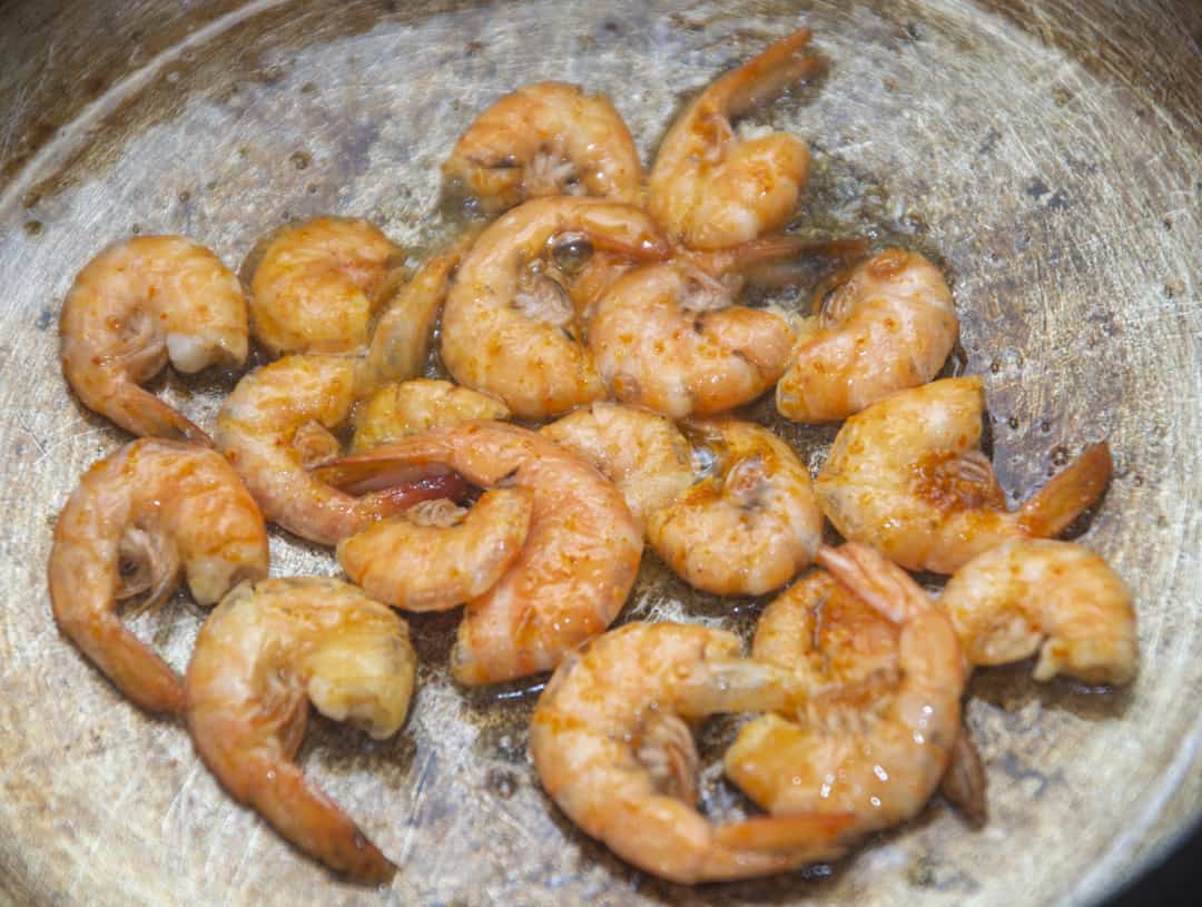Add 1 T oil to the pan and add shrimp, cook for 3­-4 mins, tossing frequently till cooked through. Remove.