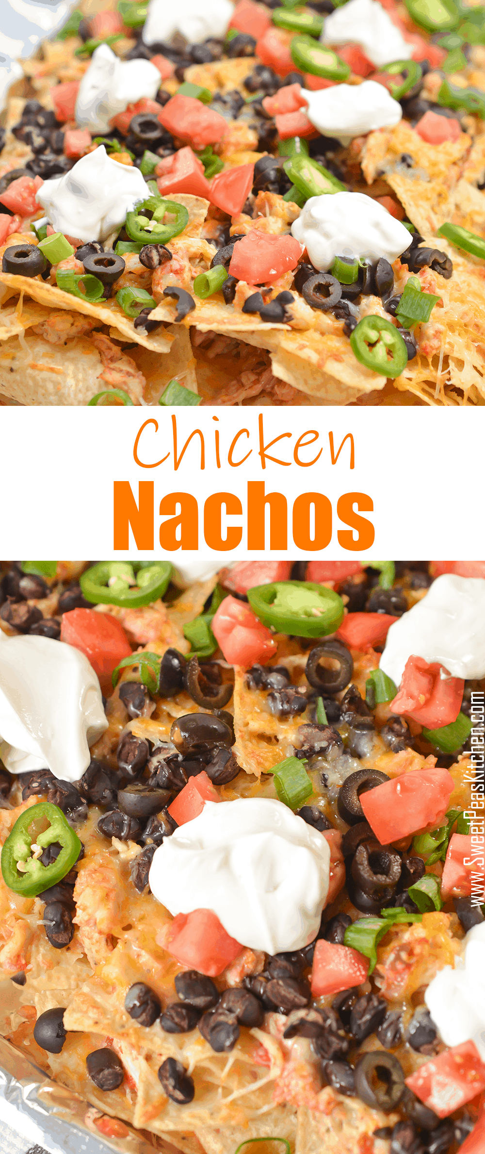 Less than 30 Minutes Chicken Nachos with salsa, black beans and cheese.