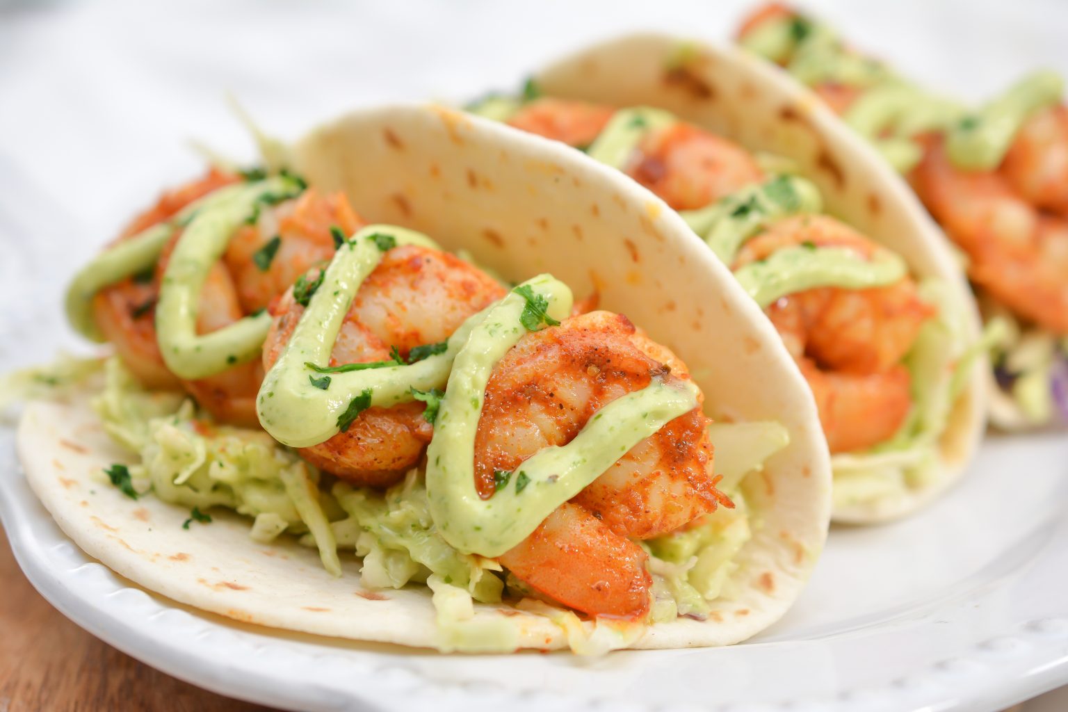 Spicy Shrimp Tacos with Avocado Crema - Sweet Pea's Kitchen