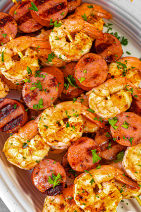 shrimp kebabs, sausage kebabs, shrimp and sausage kebabs