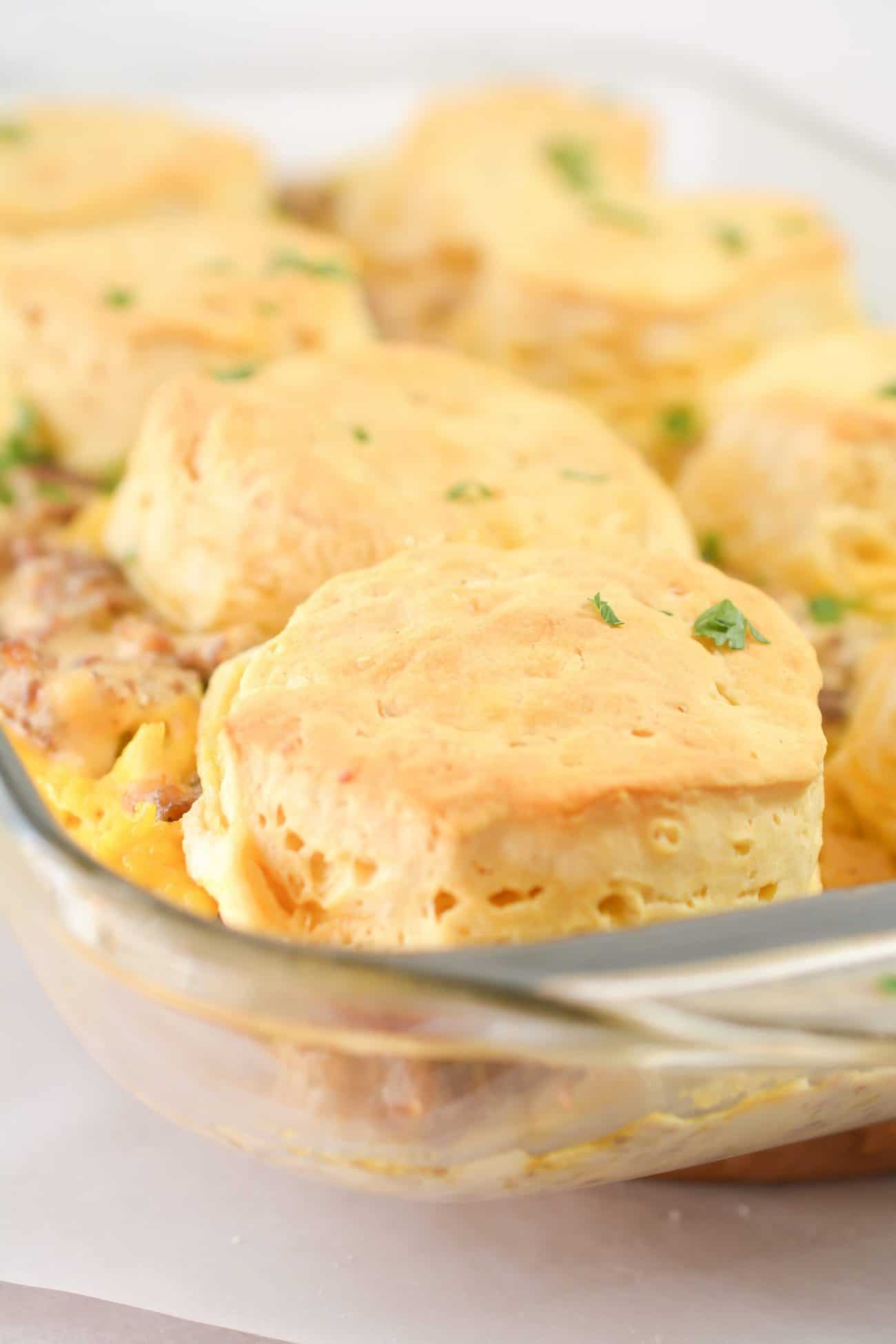Biscuits and Gravy with Sausage and Egg Breakfast Casserole