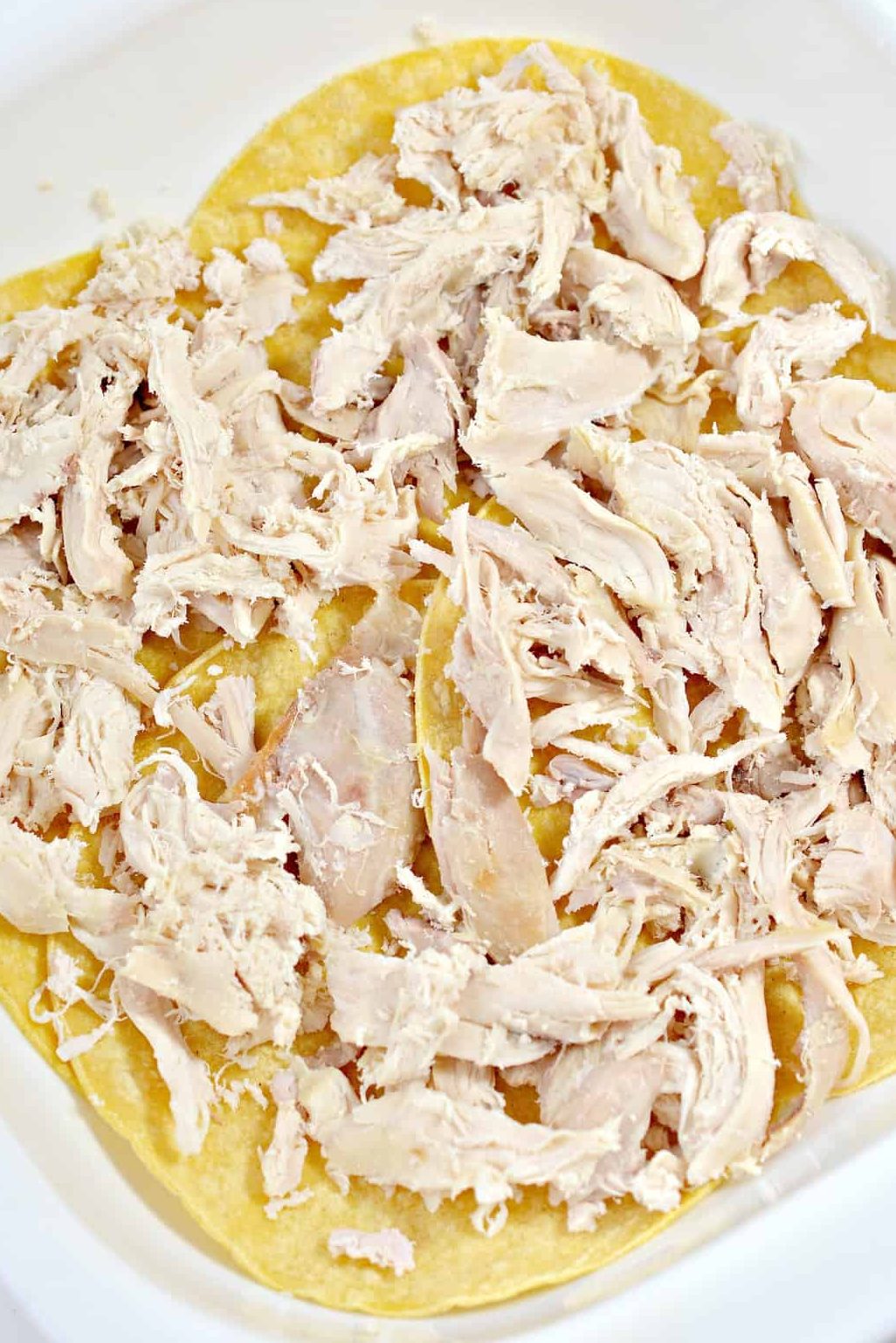 Place a layer of half of the shredded chicken on top of the tortillas in the baking dish.