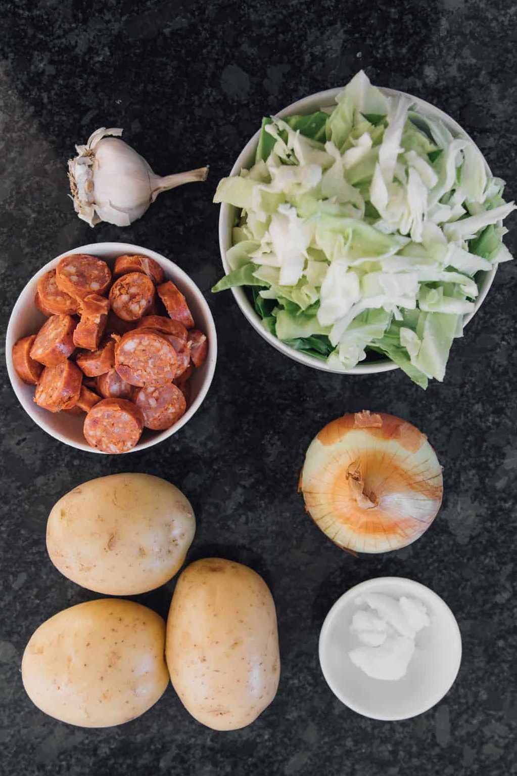 Ingredients for Kielbasa Cabbage Potato Skillet