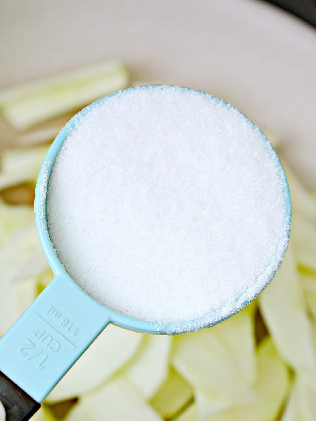 Add 2 Large Granny smith apples peeled and thinly sliced and ½ C. Granulated sugar.