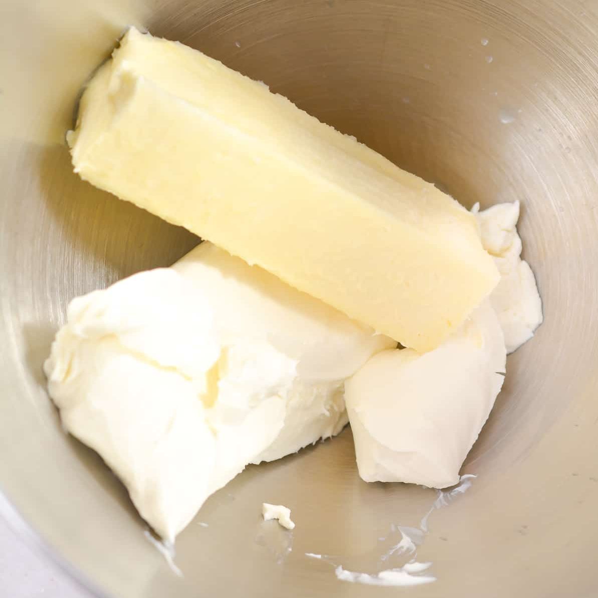 In a mixing bowl, add 8oz cream cheese softened and 1 stick of butter.