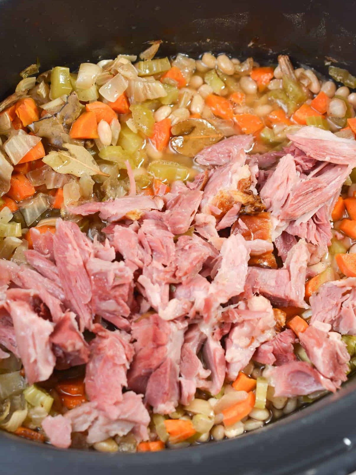 Add the ham meat back to the Crockpot.