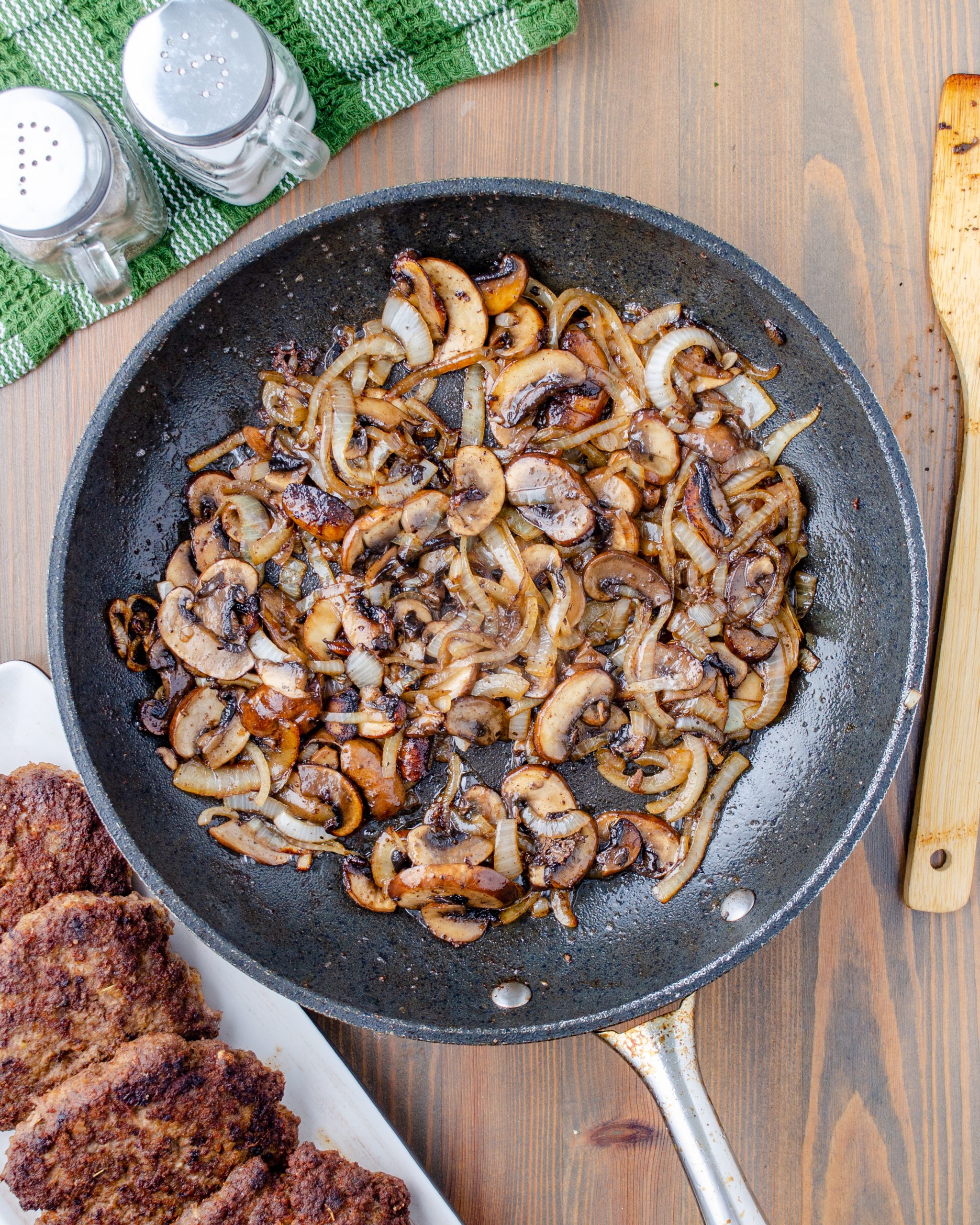 Cook the onion mushroom mixture until golden brown.