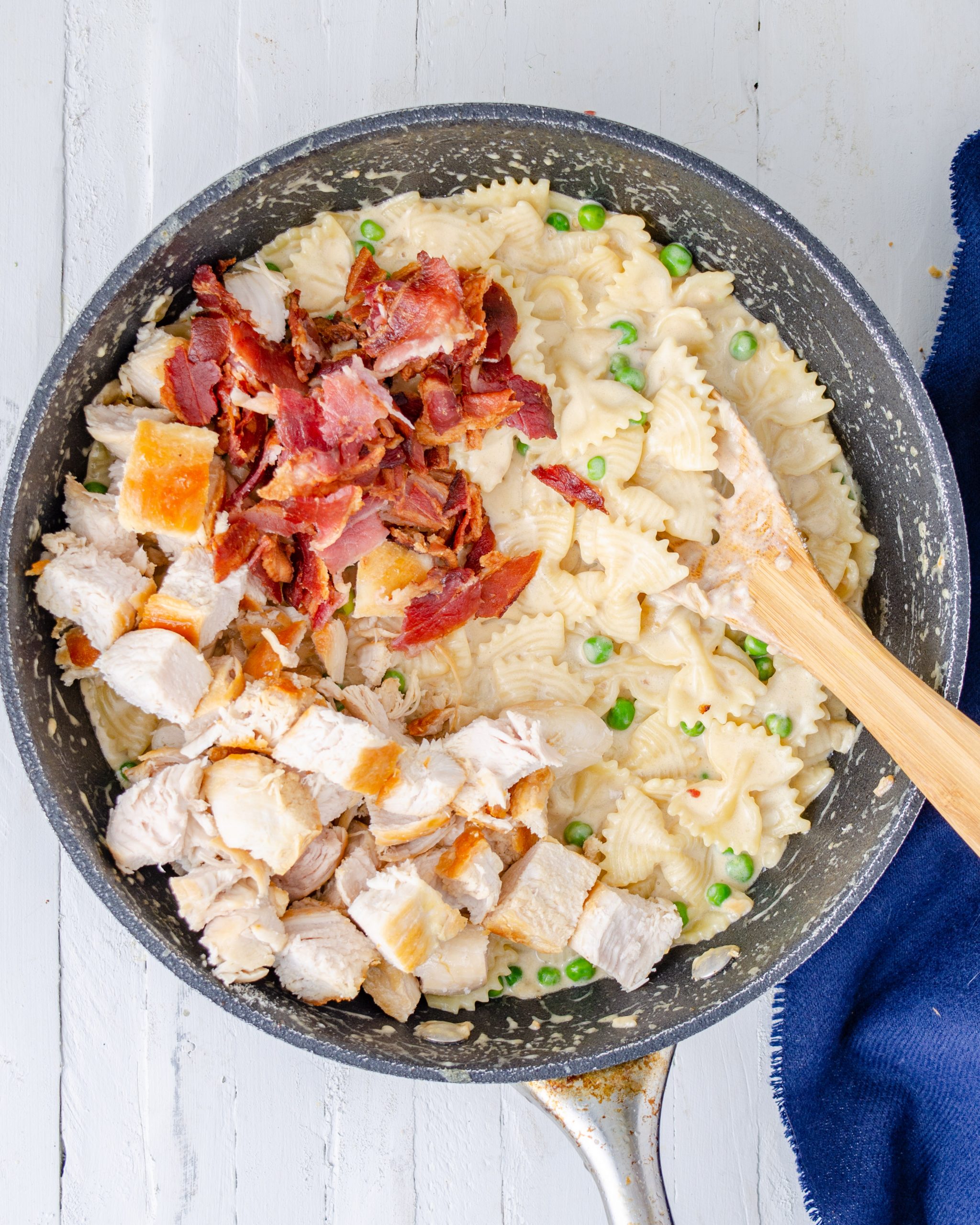 Return the chicken and bacon to the skillet, and toss to combine. Continue to simmer until the chicken is cooked completely through.