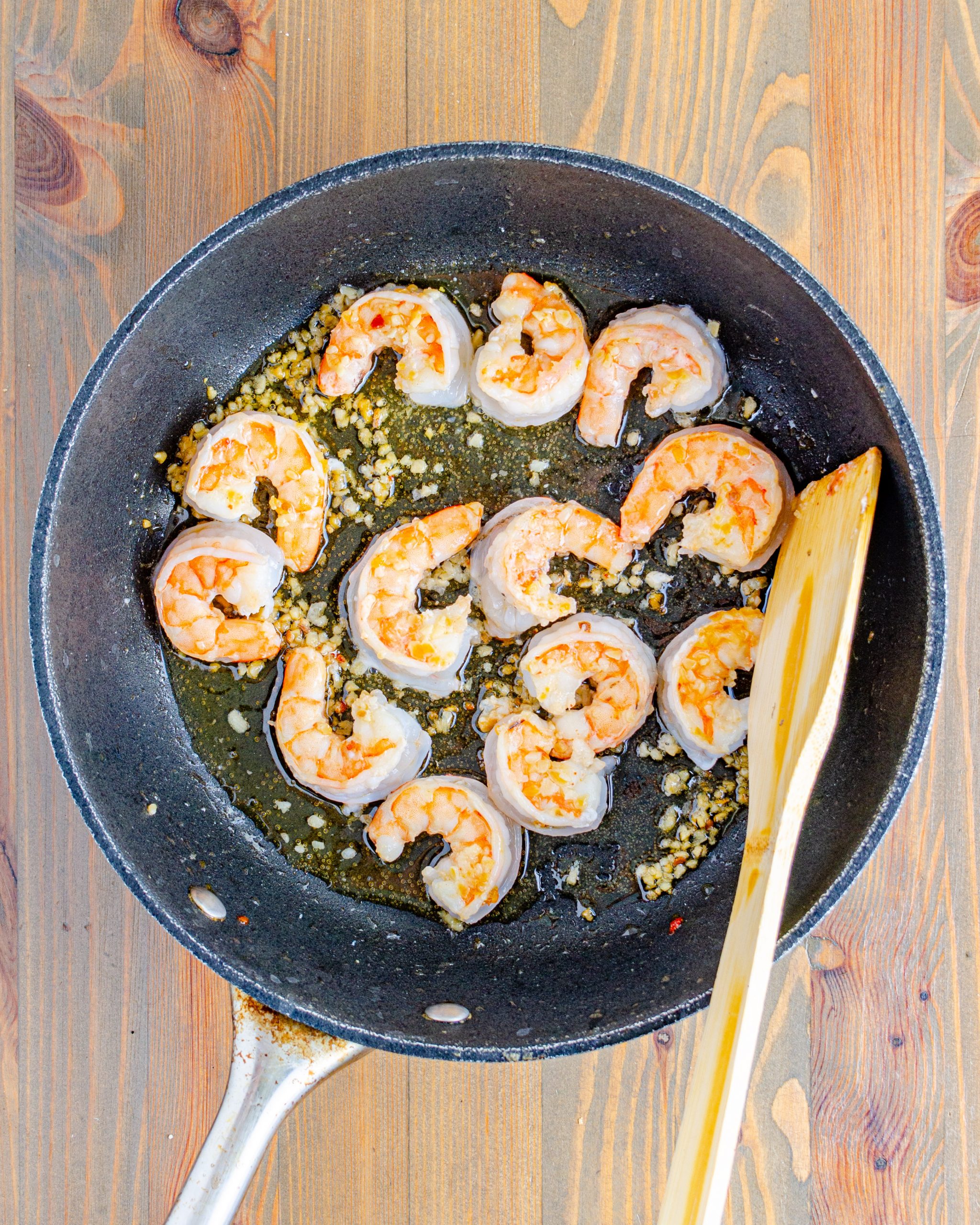 Place the shrimp into the skillet along with ¼ tsp salt and saute until the shrimp are cooked through. Remove and set aside.