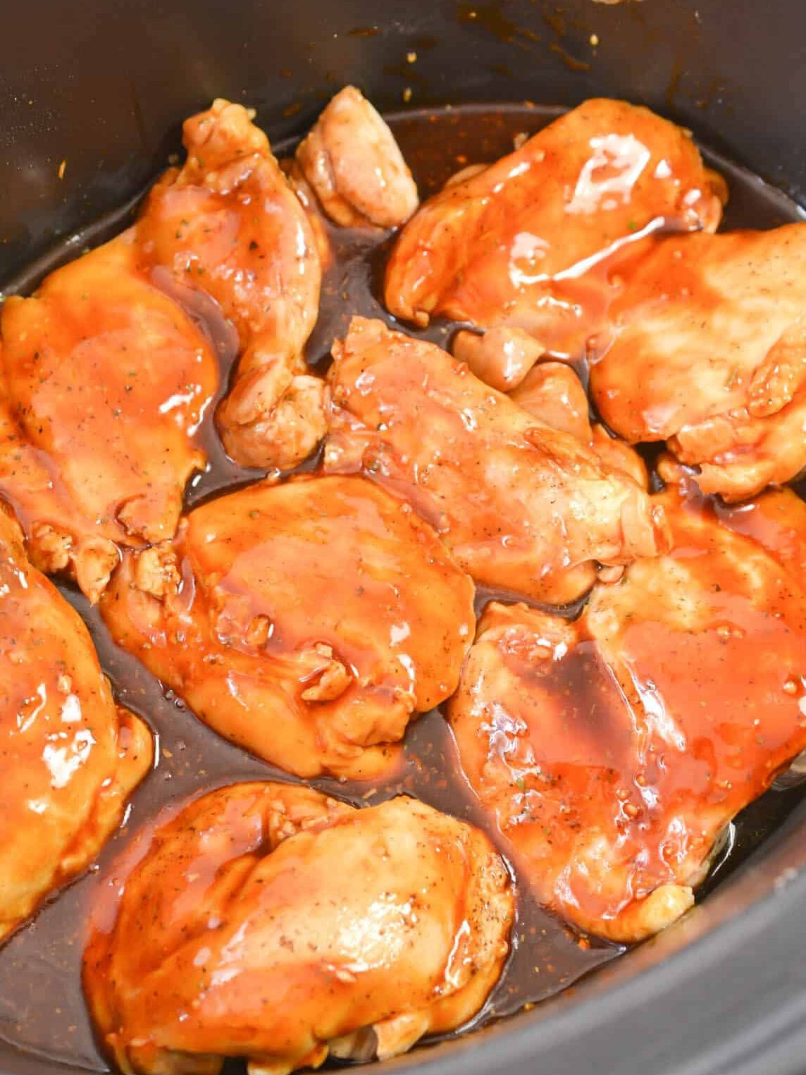 Mix all the ingredients and pour over the chicken thighs on the crockpot.