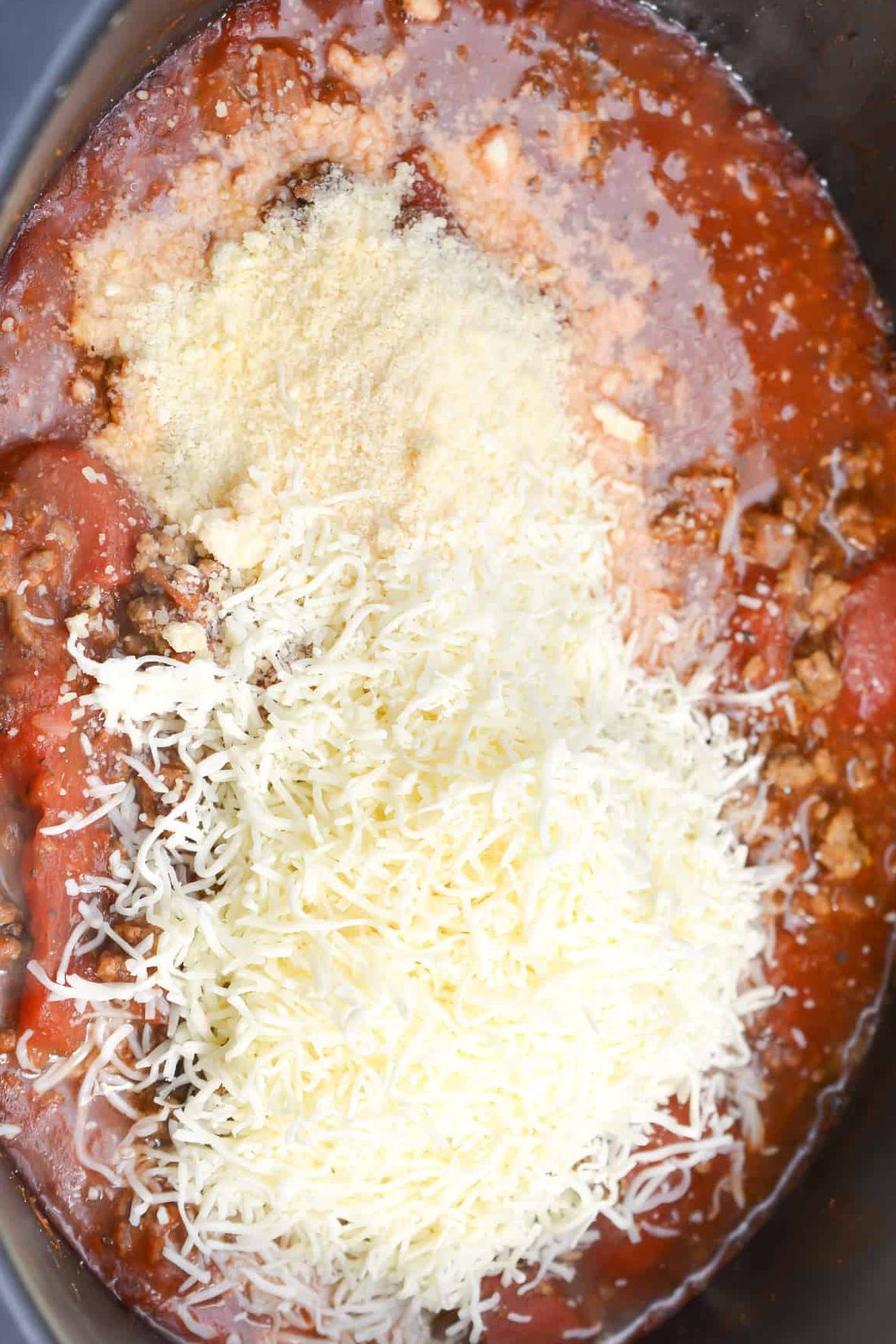 In the last 30 minutes of cook time, add ½ cup of parmesan cheese, and 1 cup of Mozzarella cheese shredded.