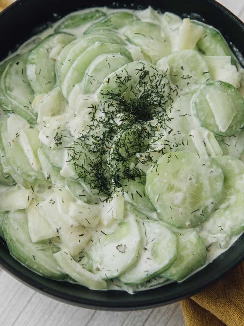 creamy cucumber and onion salad, creamy cucumber salad mayo, creamed cucumbers and onions