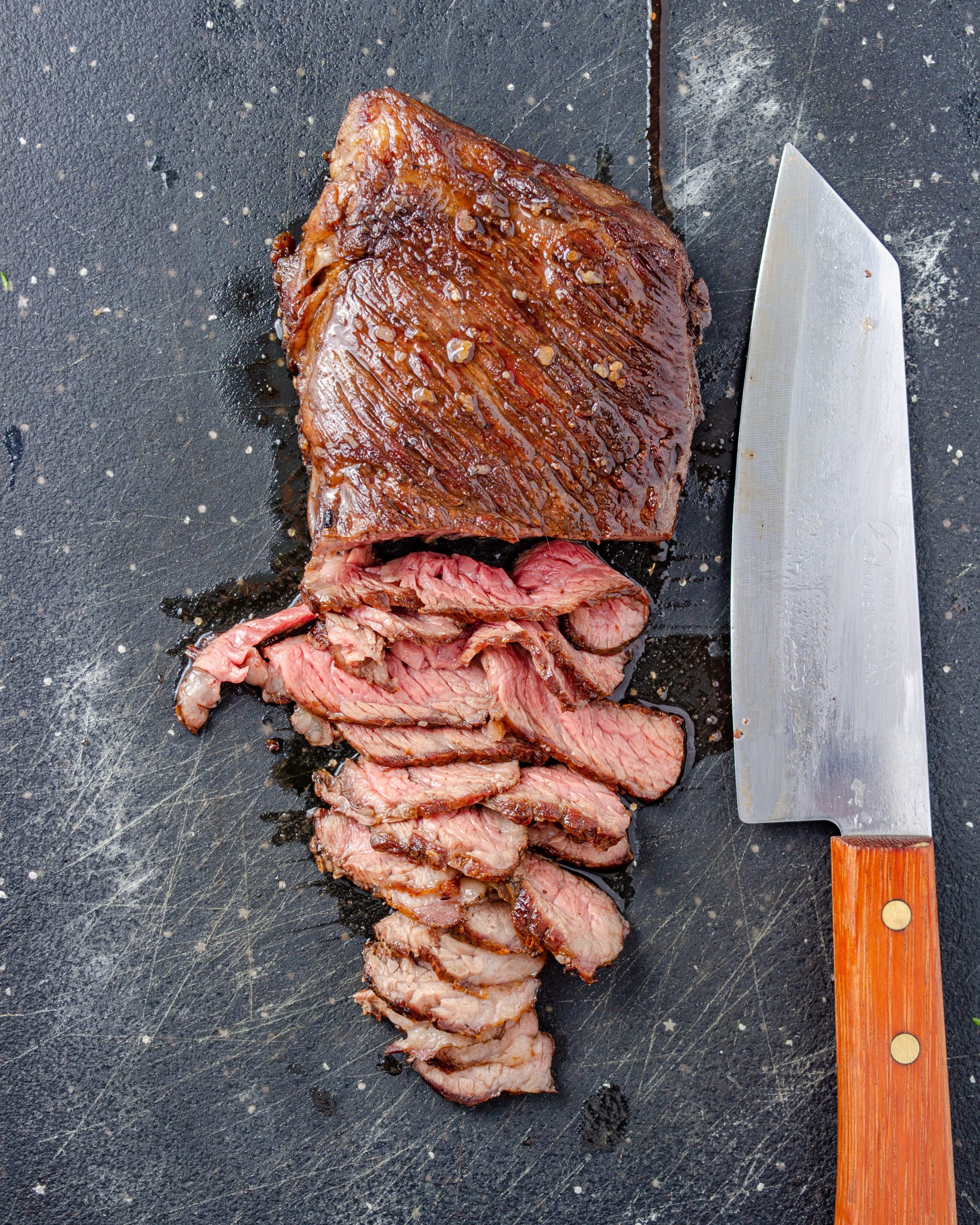 Remove the steak from the heat, let rest for 5 minutes, and slice very thinly. 