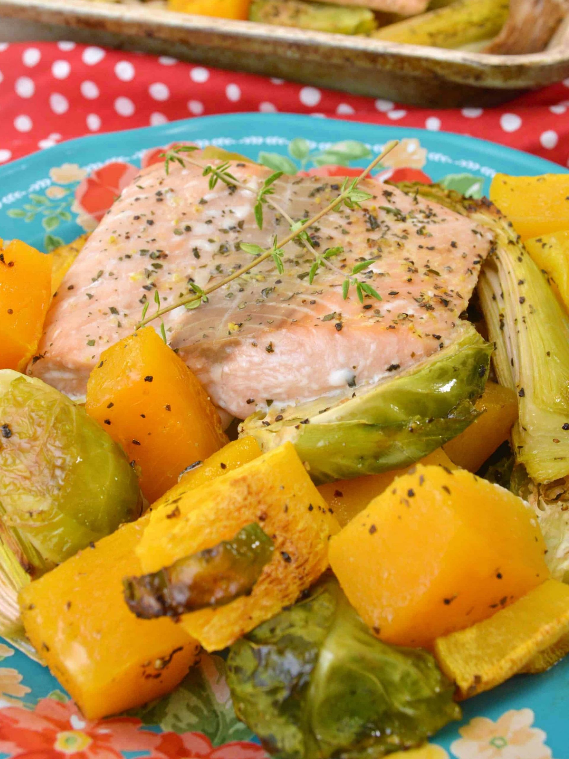 salmon with baked vegetables on a plate