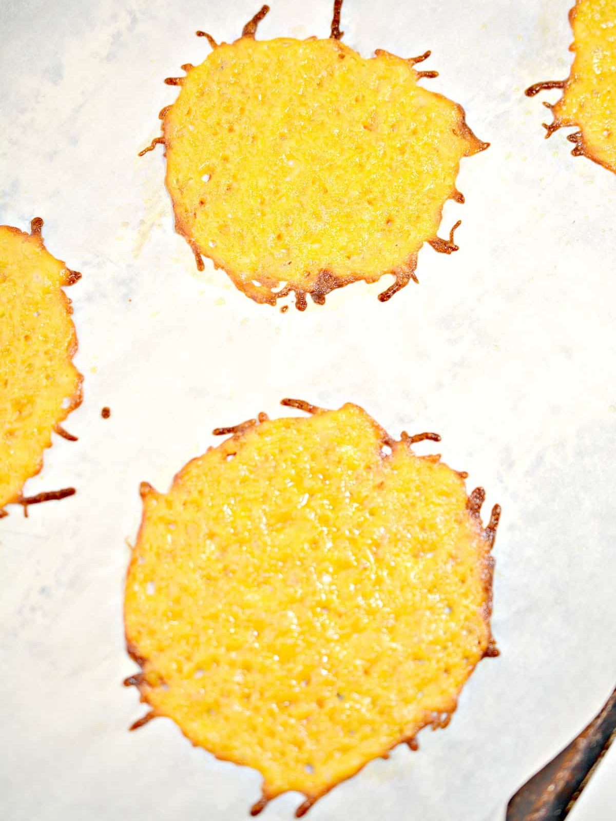 Bake the cheese for 8-10 minutes until it just starts to brown on the edges, and takes on a lace-like appearance.