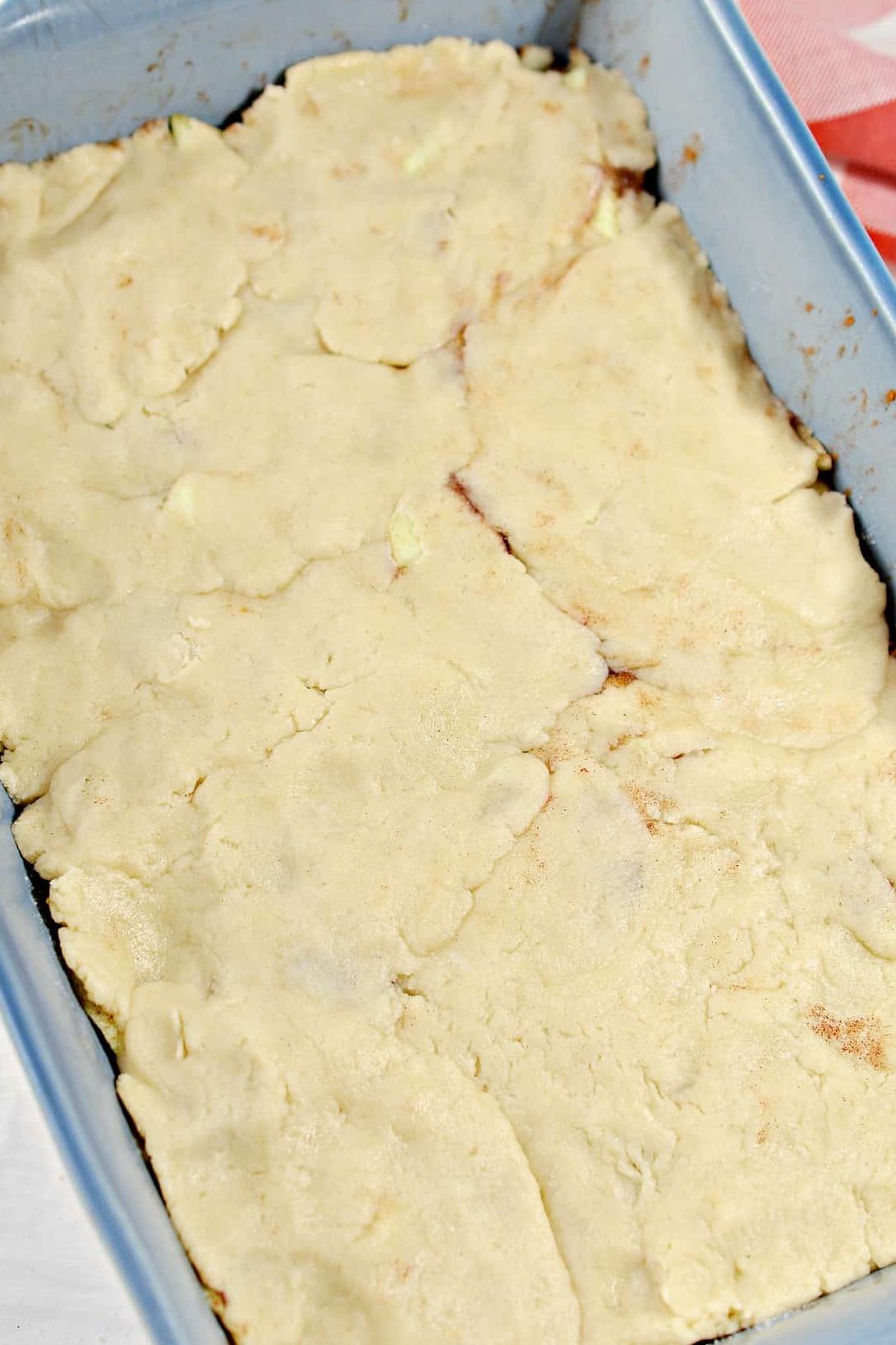 Press the second half of the dough into a flat layer over the apples in the baking dish.