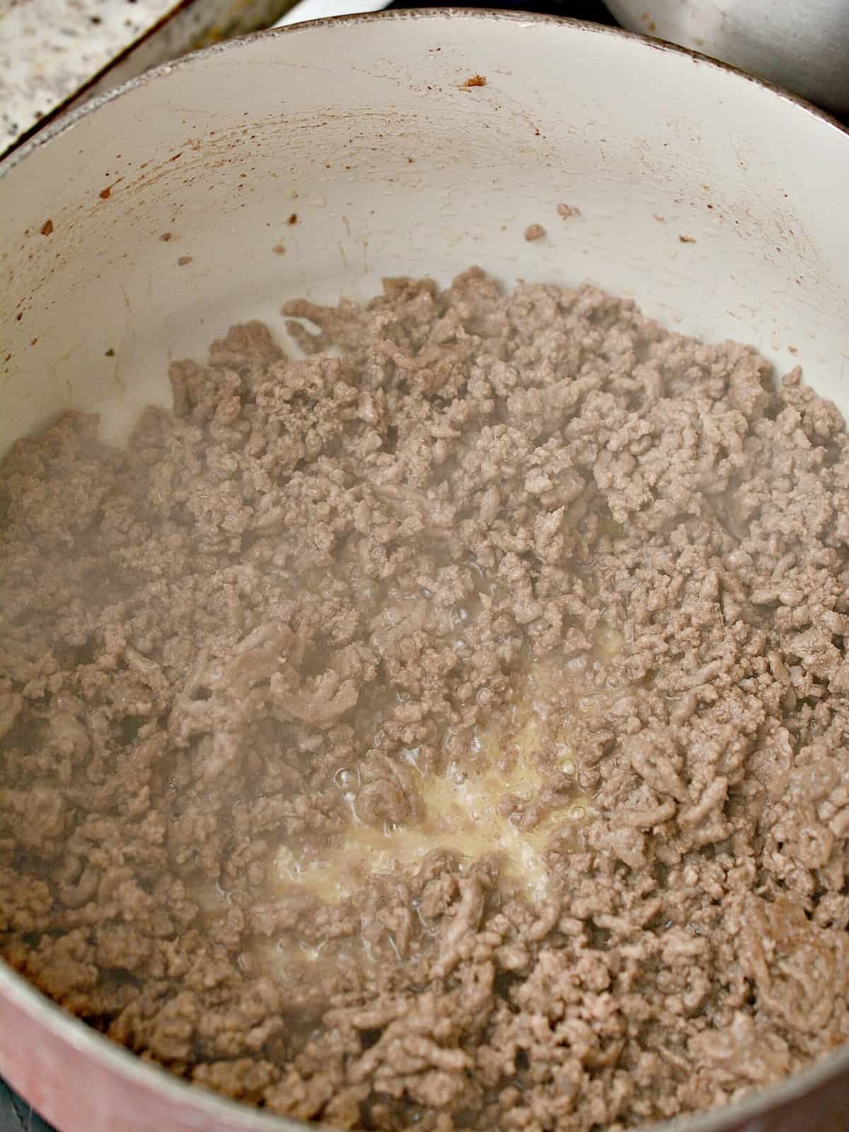 Brown the meat in a large pot over medium-high heat on the stove. Continue to cook until the meat is completely done.