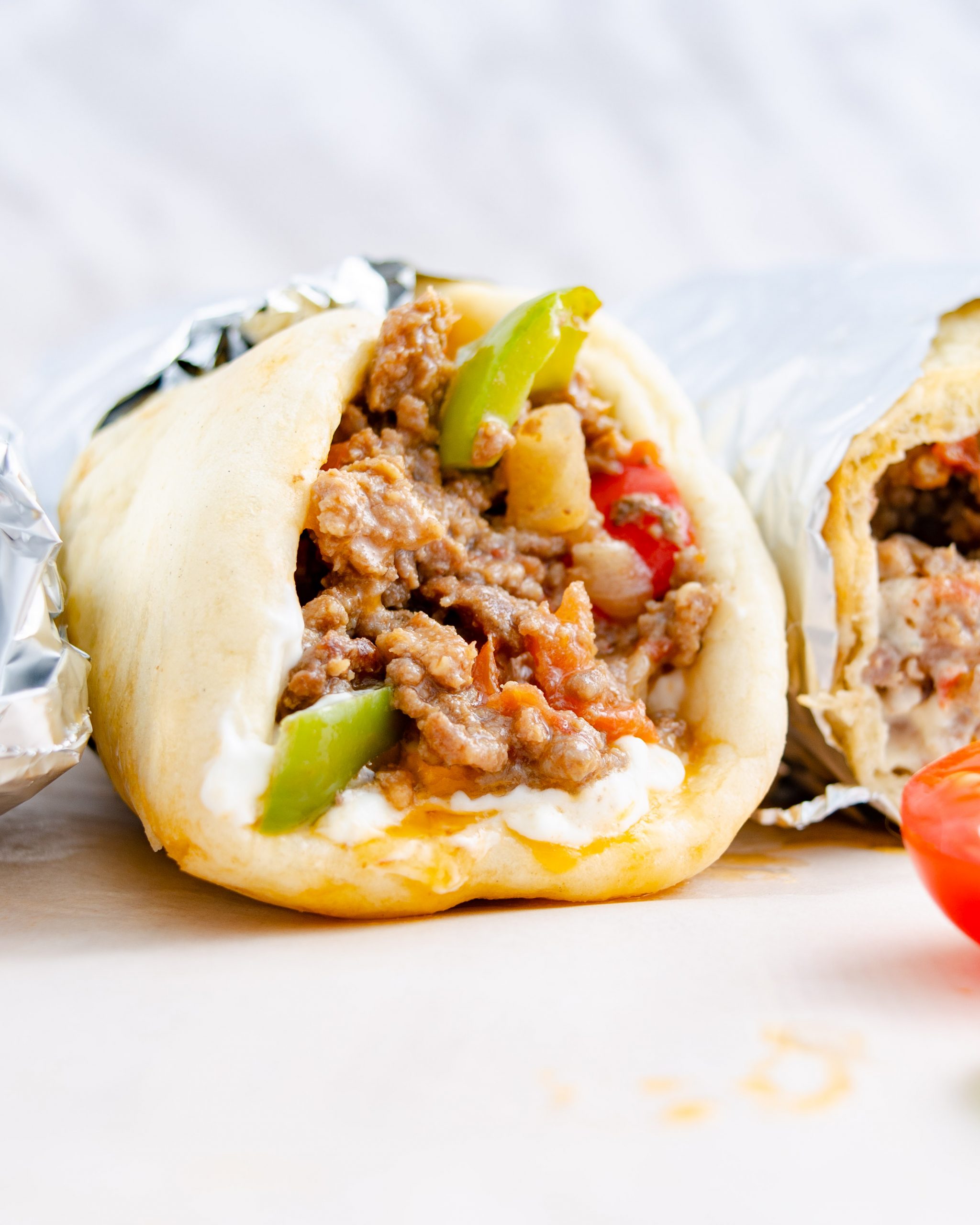 Hamburger Pepper and Onion Gyros, hamburger gyros, homemade gyros, gyro ground beef