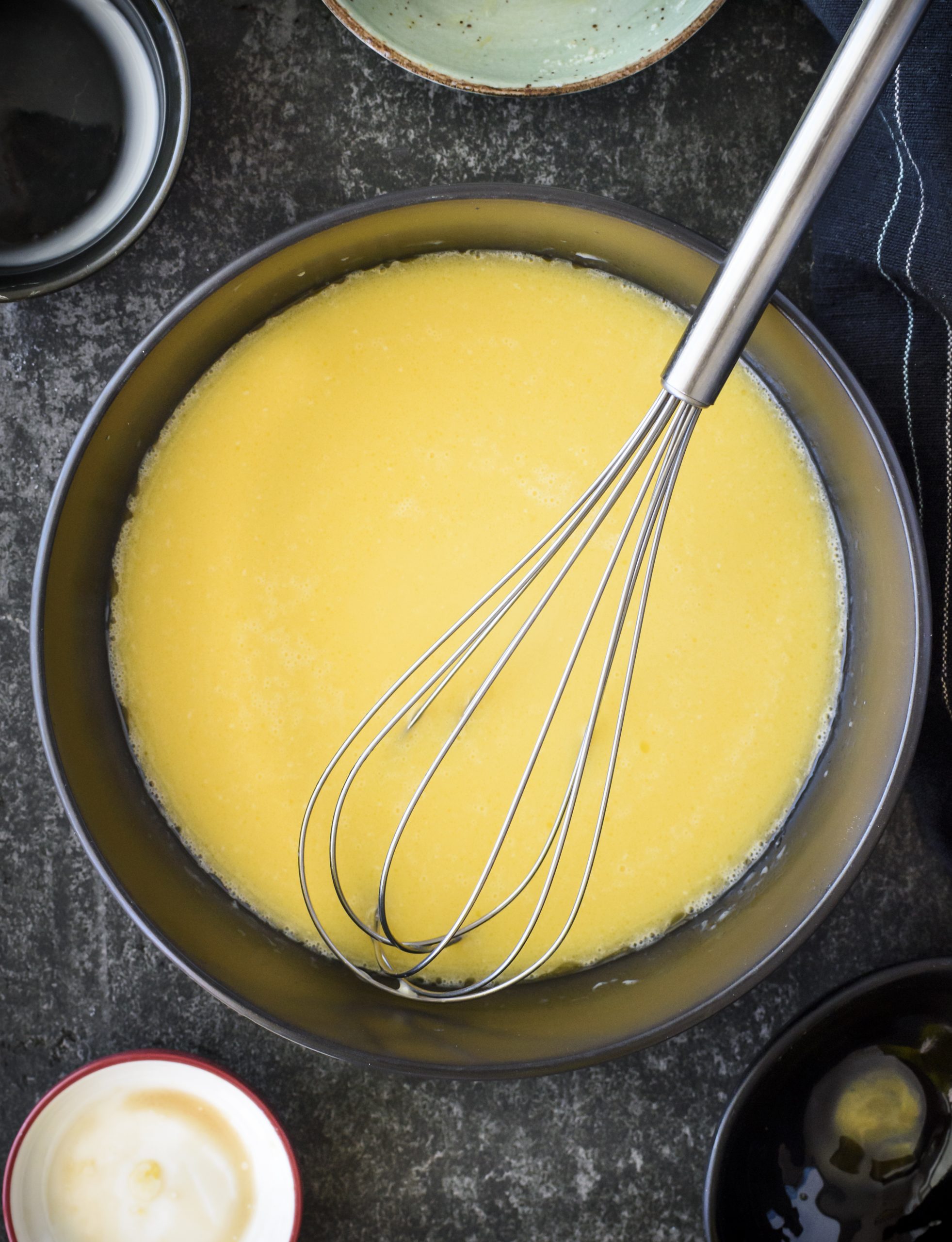 Blend together the butter, milk, egg yolk, and vanilla in another mixing bowl. 