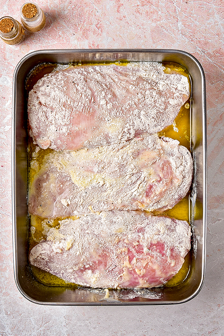 Layer the chicken in the baking dish, and bake for 30 minutes. 