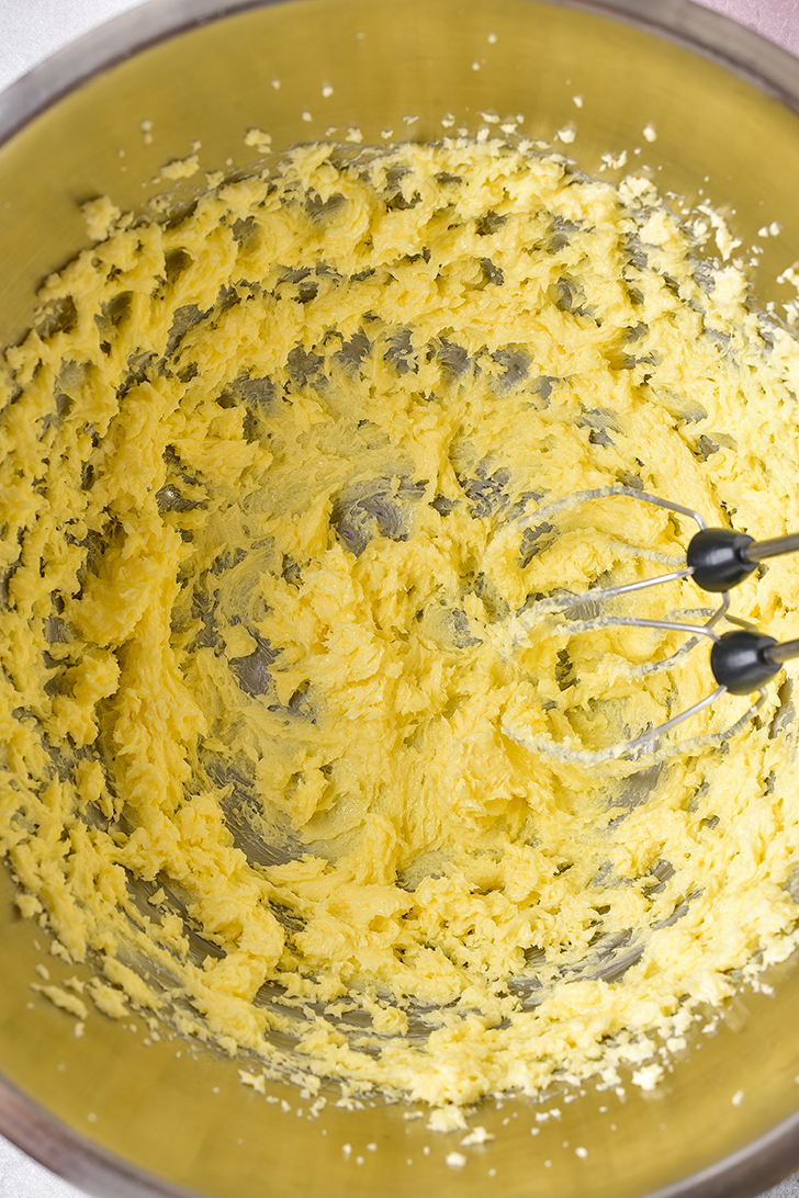 Blend together the butter, sugar, and cream cheese for the cake.