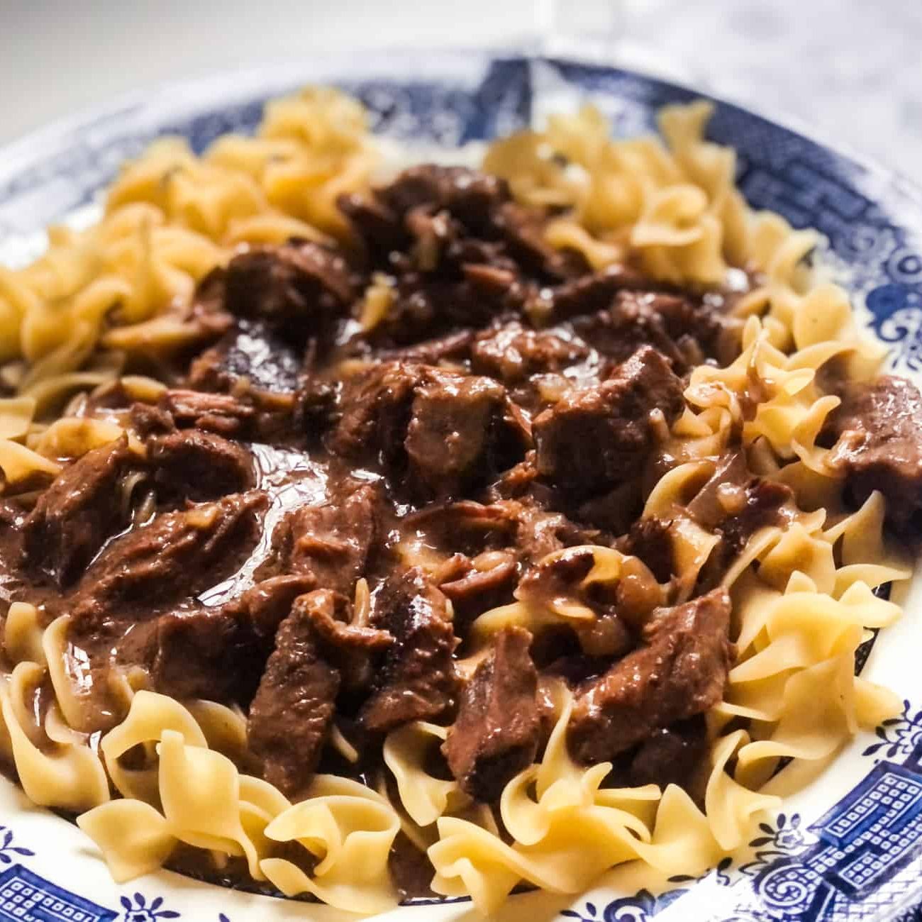 The coziest, creamiest beef tips with egg noodles