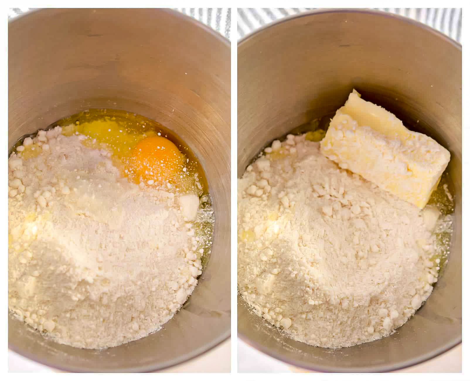 In a mixing bowl, combine the white cake mix, softened butter, and 1 large egg with a fork until it forms a crumbled mixture.