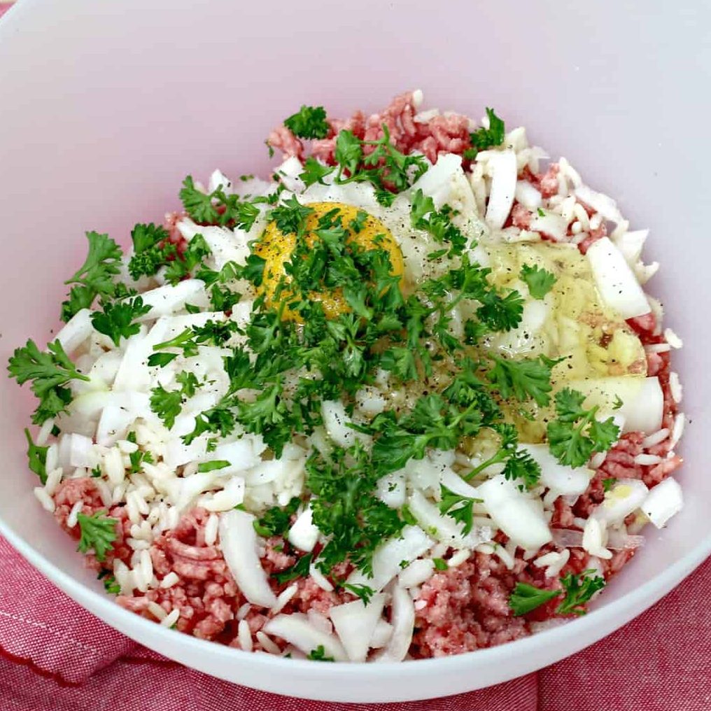 In a large bowl add the ground beef, rice, onion, garlic, salt, pepper, seasonings, parsley, and egg in a bowl.