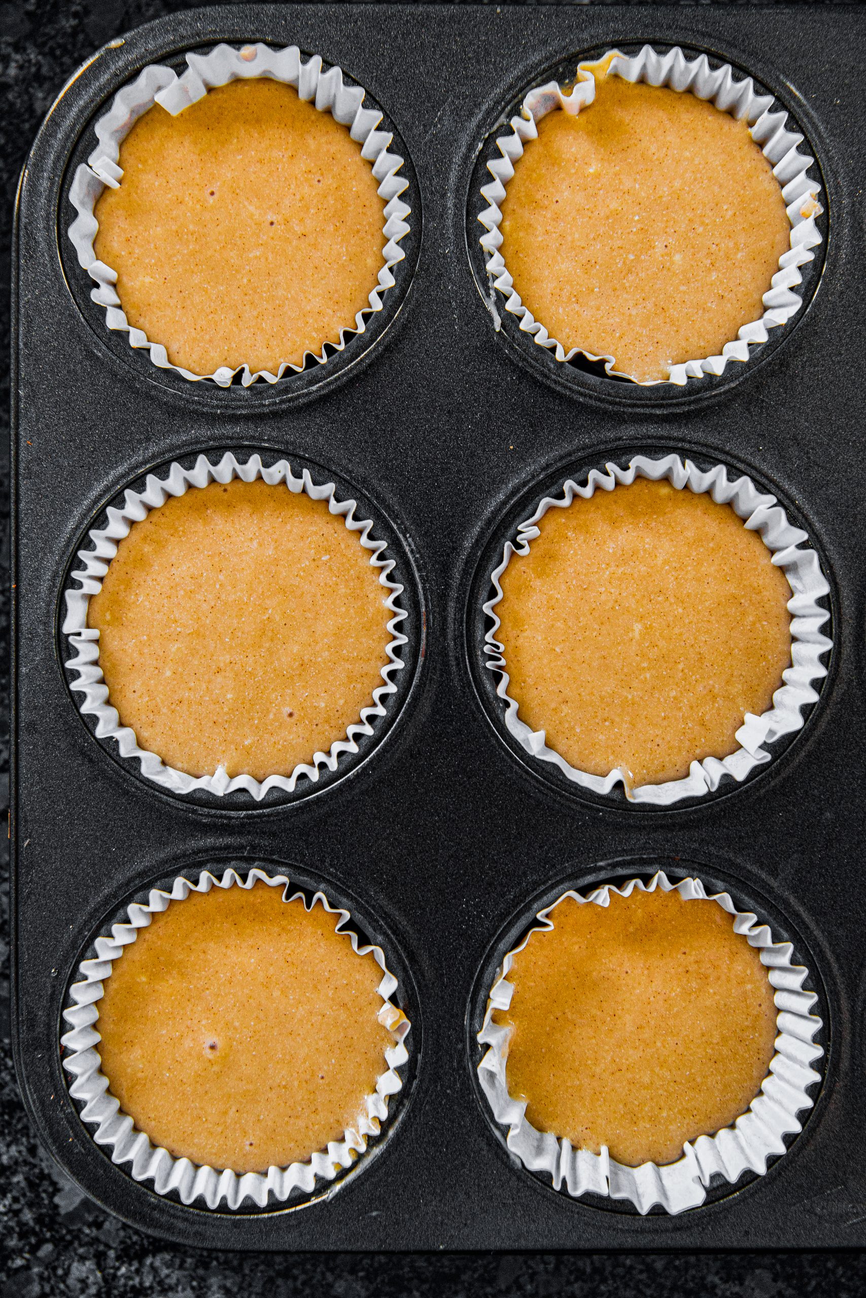 Fill each ¾ full of batter and place in preheated oven for 19 minutes or until toothpick comes out clean.
