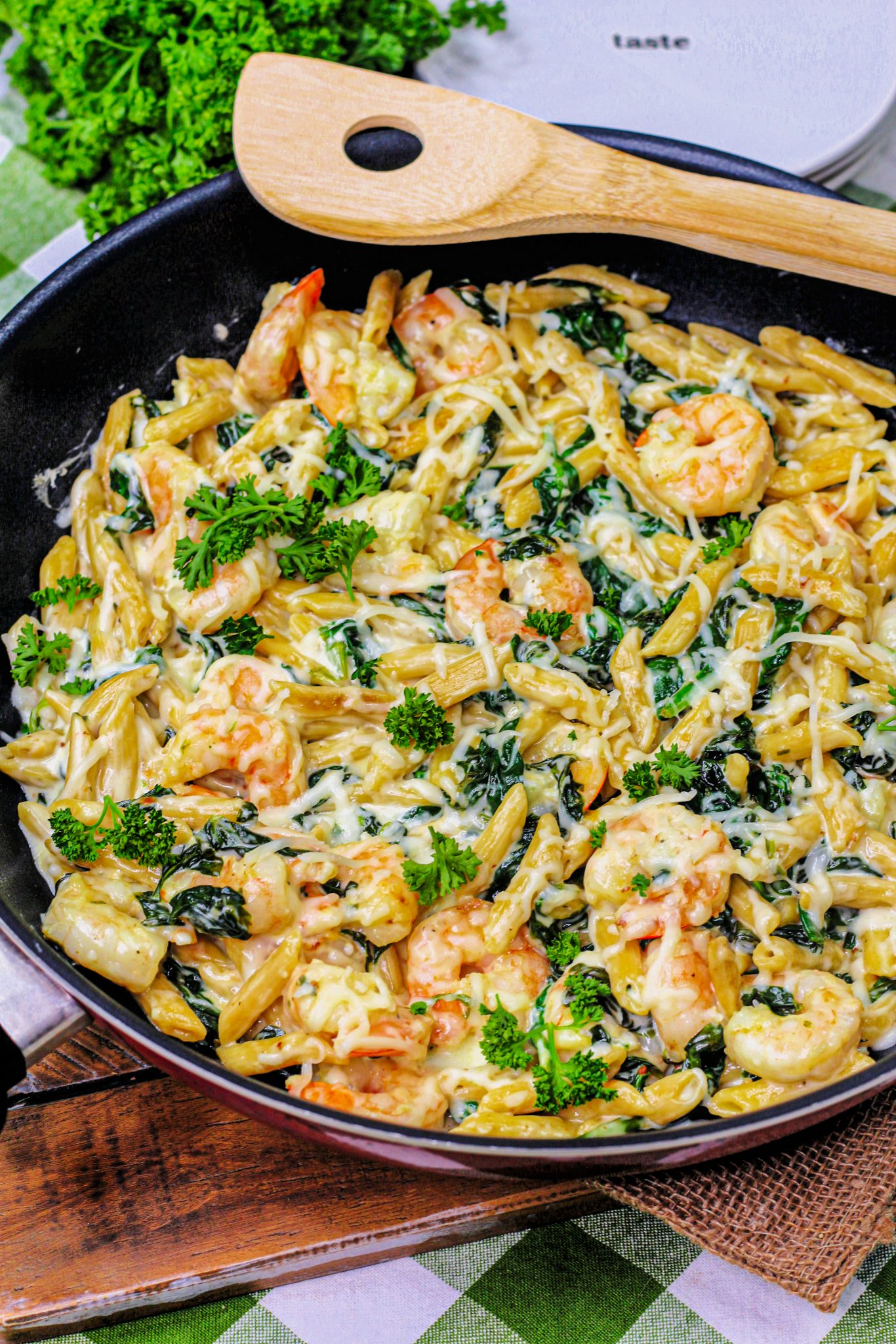 Cheese Shrimp Penne Pasta & Spinach - Sweet Pea's Kitchen