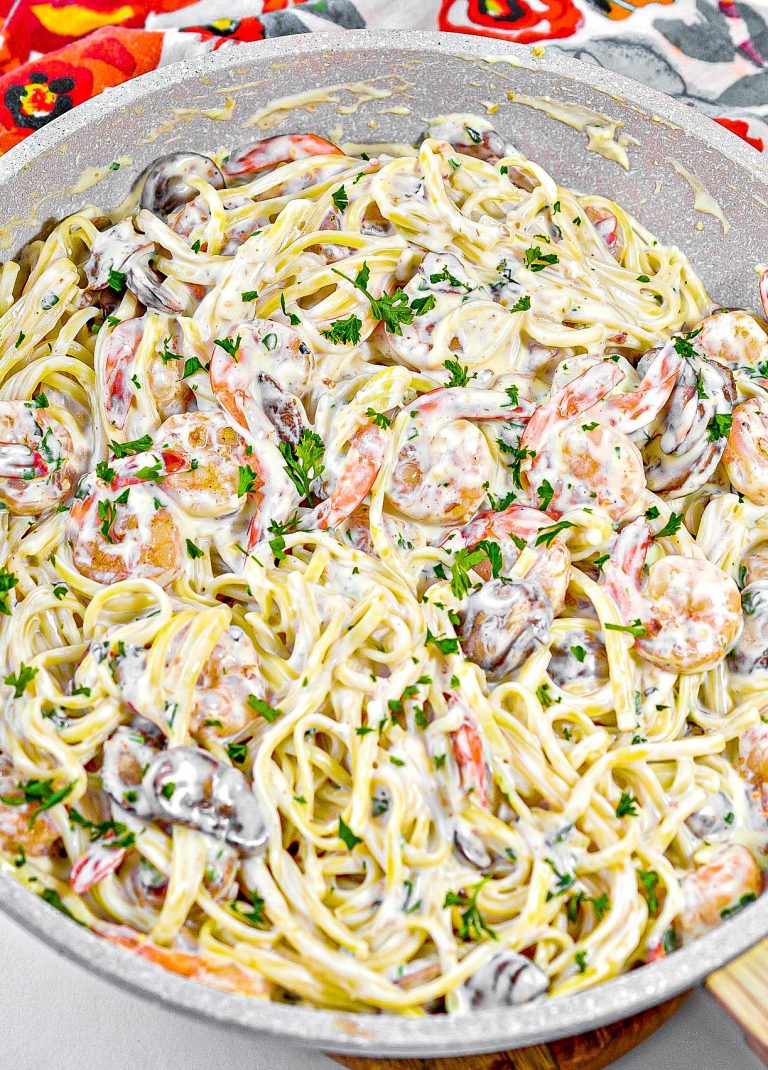 Shrimp and Mushroom Linguini with Cheese Creamy Herb Sauce - Sweet Pea's Kitchen