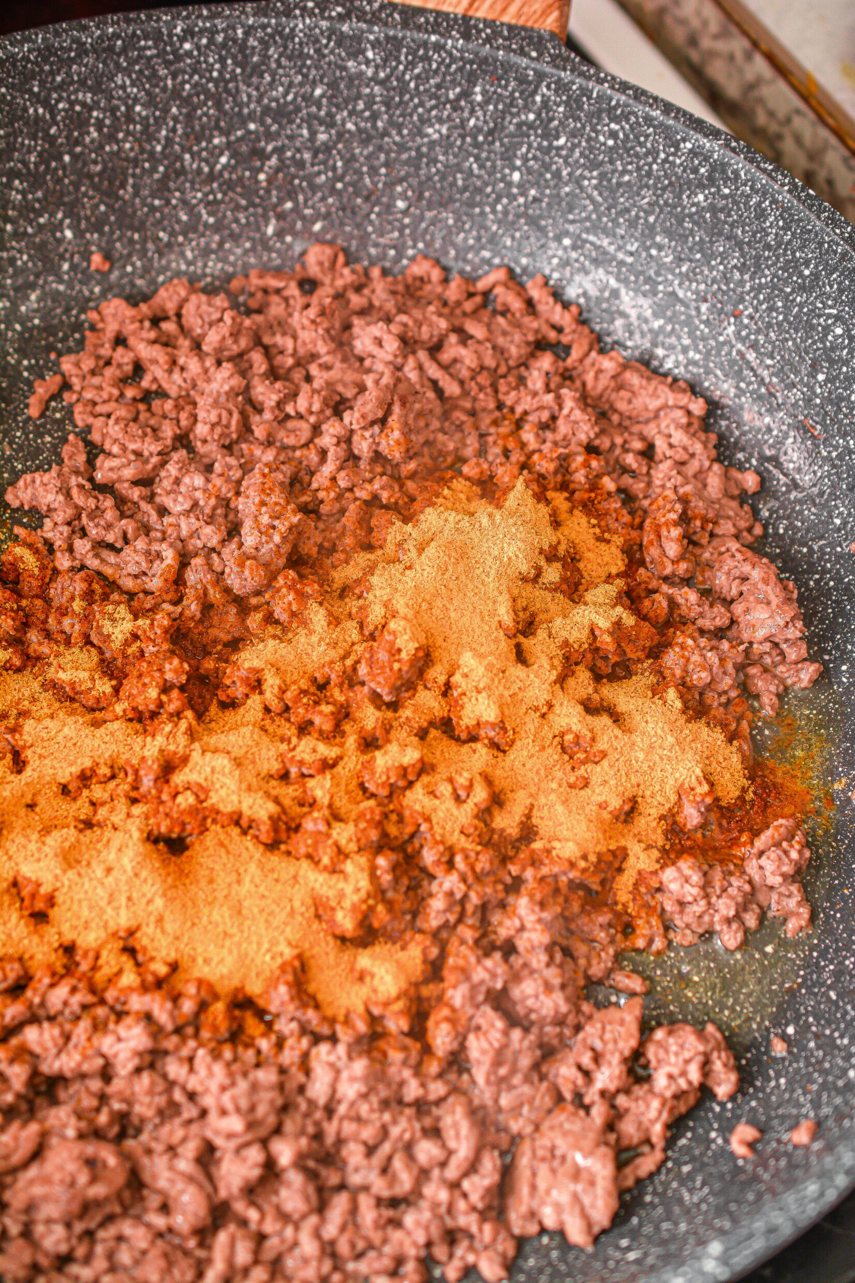 Reduce the heat to medium and add the taco seasoning. Stir to combine and saute another minute or two.
