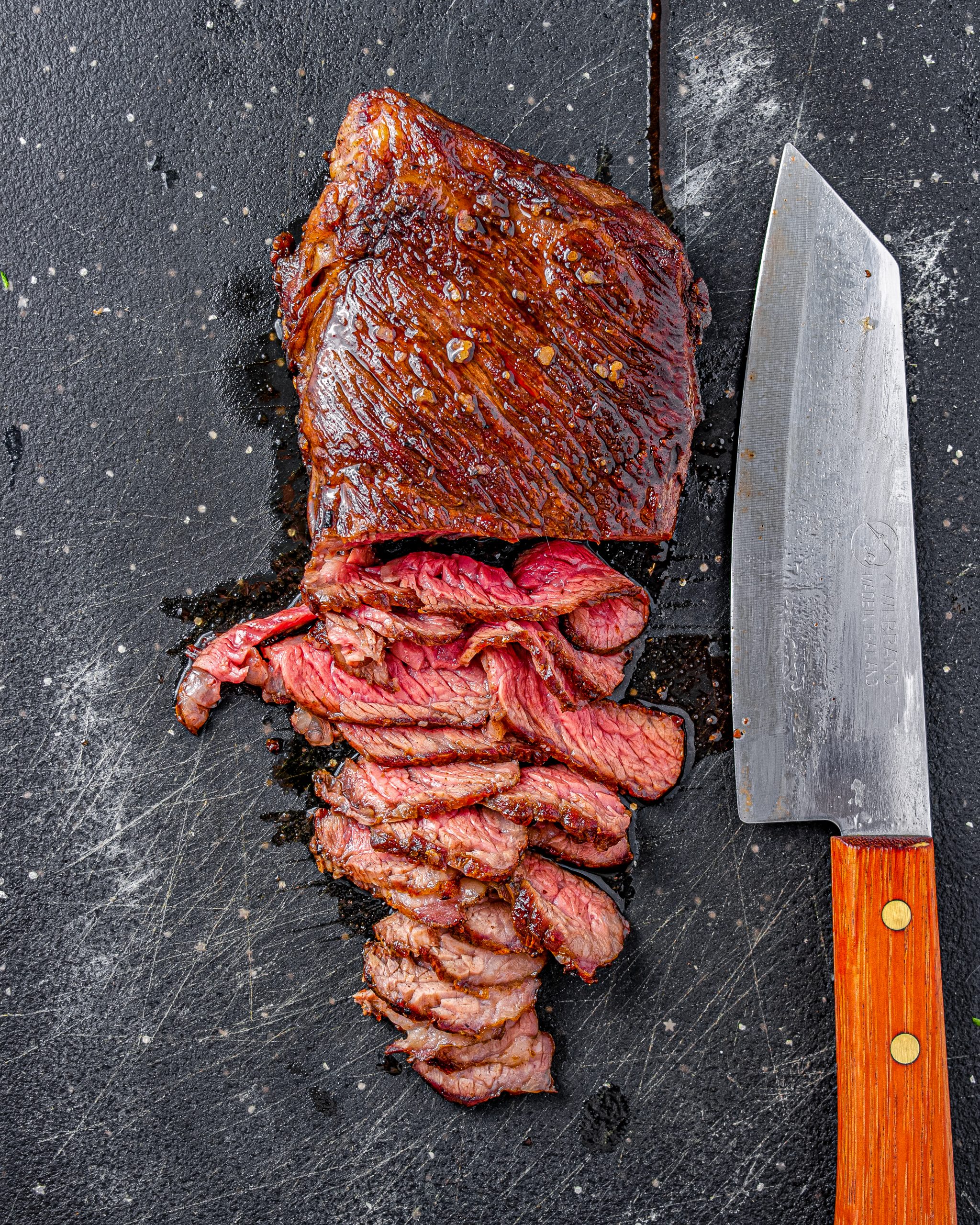 Remove the steak from the heat, let rest for 5 minutes, and slice very thinly.