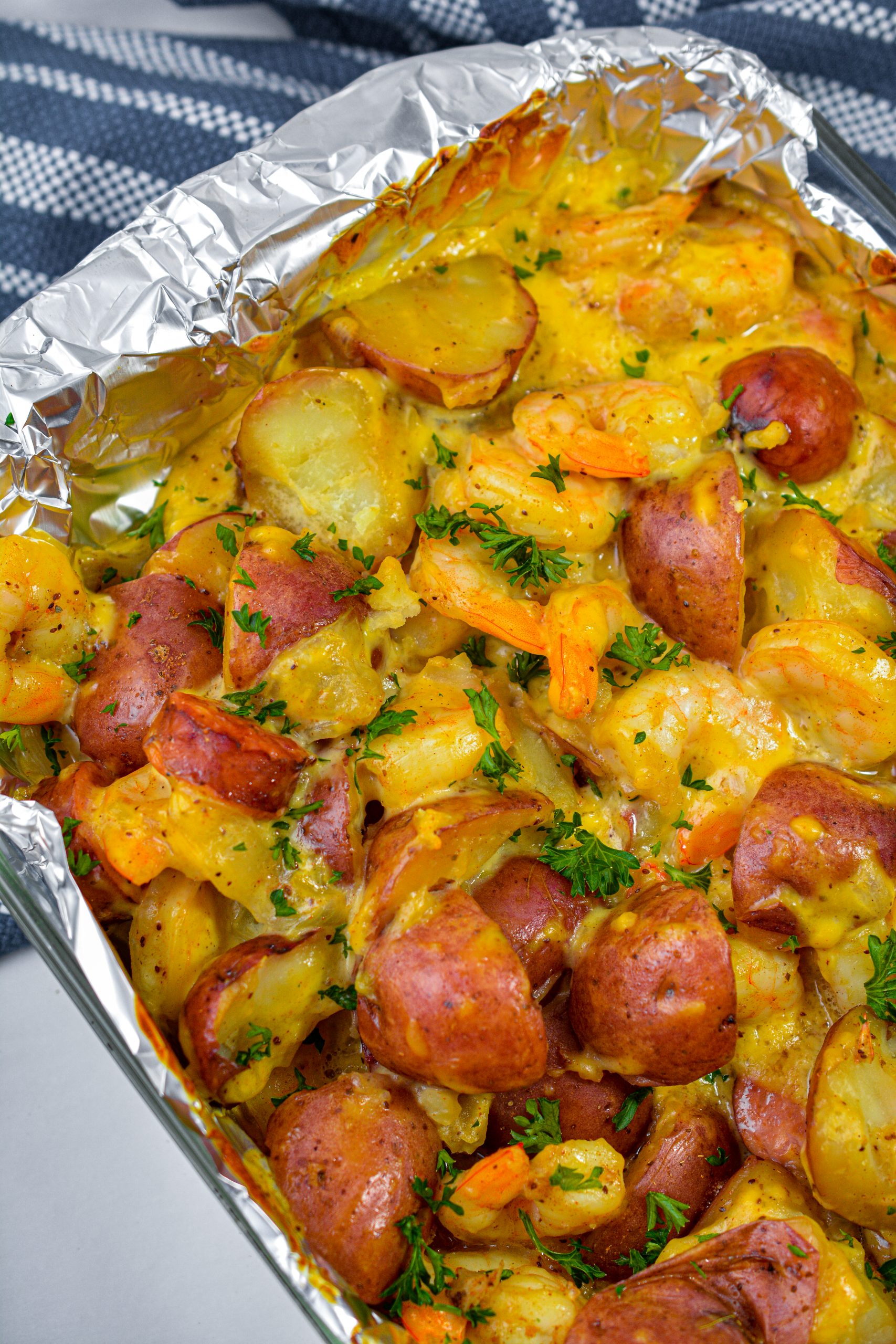 seafood loaded potato pan, seafood loaded potato pan recipe, seafood loaded potato