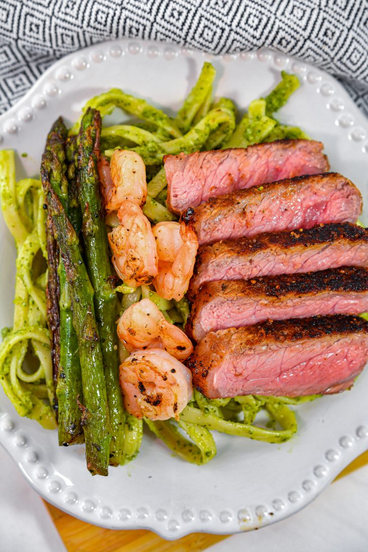 Steak and Shrimp Pesto Sauce Linguini - Sweet Pea's Kitchen