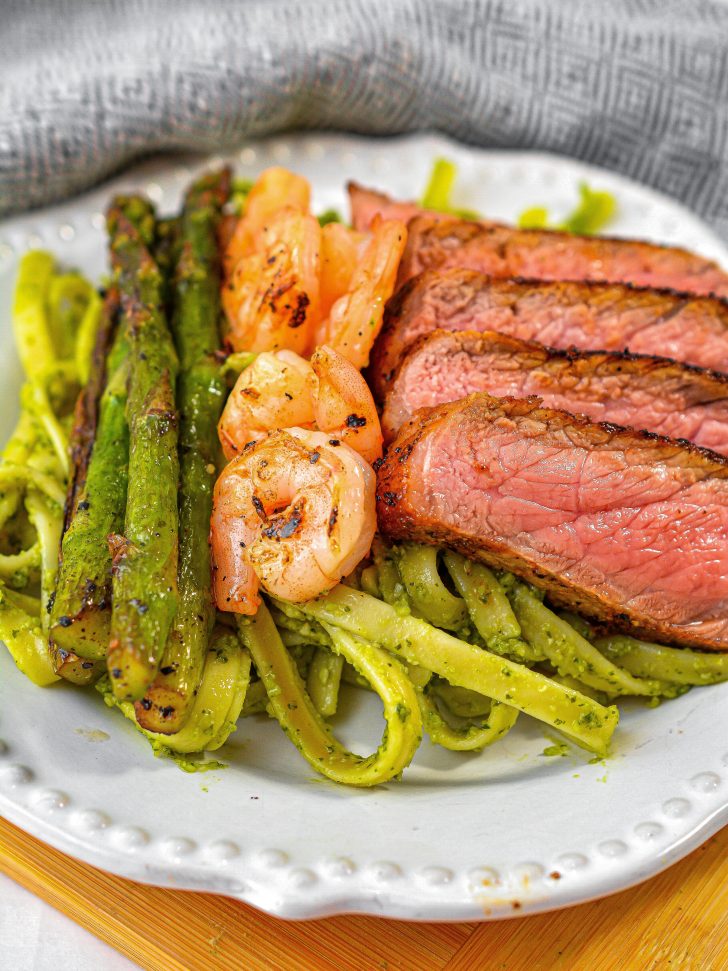 Steak and Shrimp Pesto Sauce Linguini - Sweet Pea's Kitchen