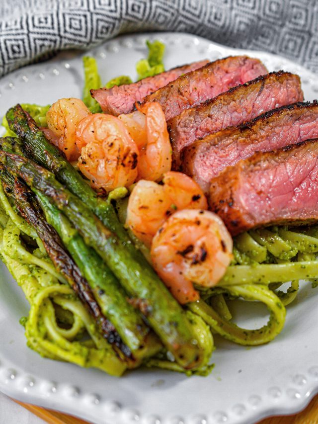 Steak and Shrimp Pesto Sauce Linguini - Sweet Pea's Kitchen