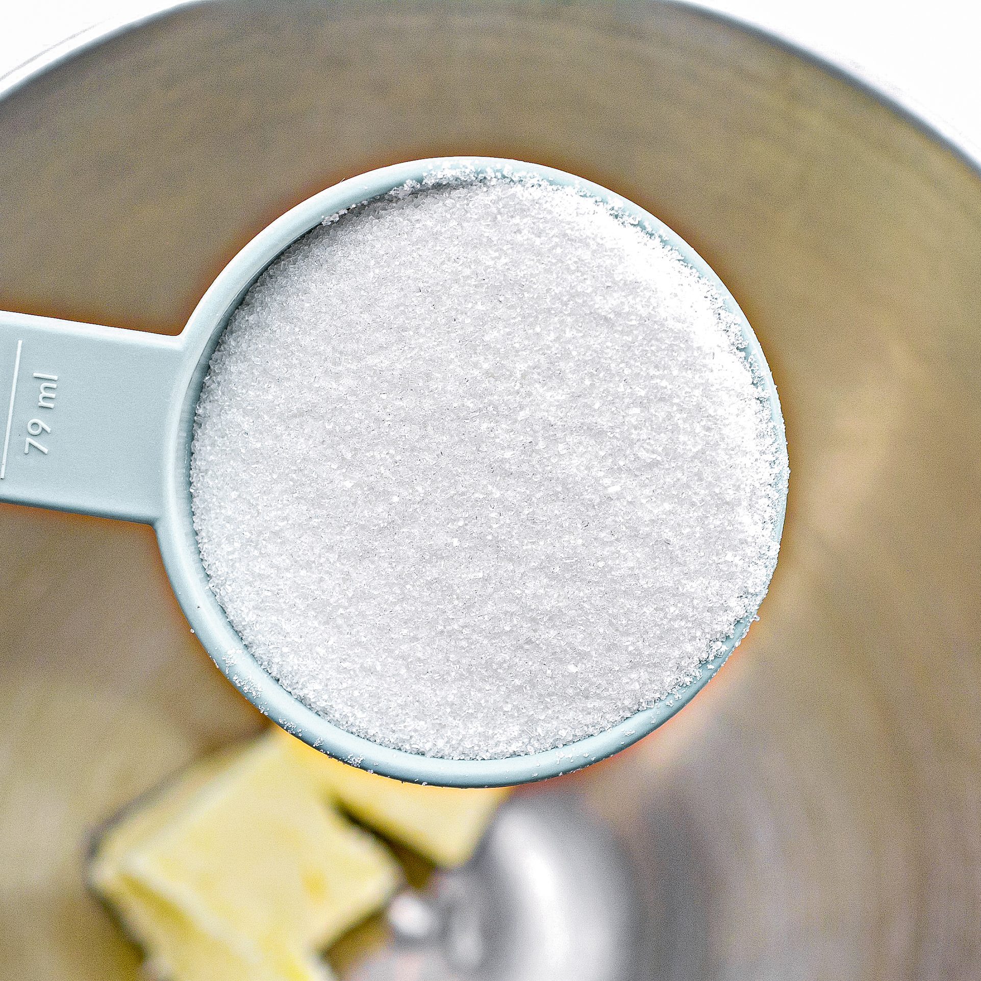 In a mixing bowl, cream together the ⅓ cup butter and ⅔ cup sugar until smooth.